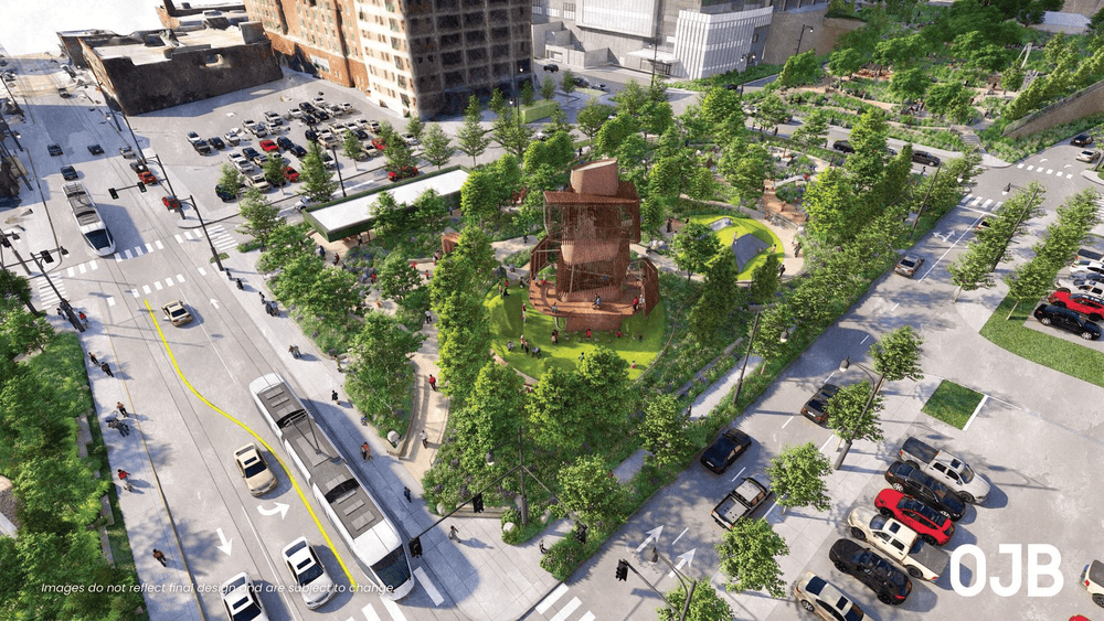Gif shows three renderings of a playground with a sign saying "PLAY BLOCK" and kids playing on a big brown tower with trees everywhere.