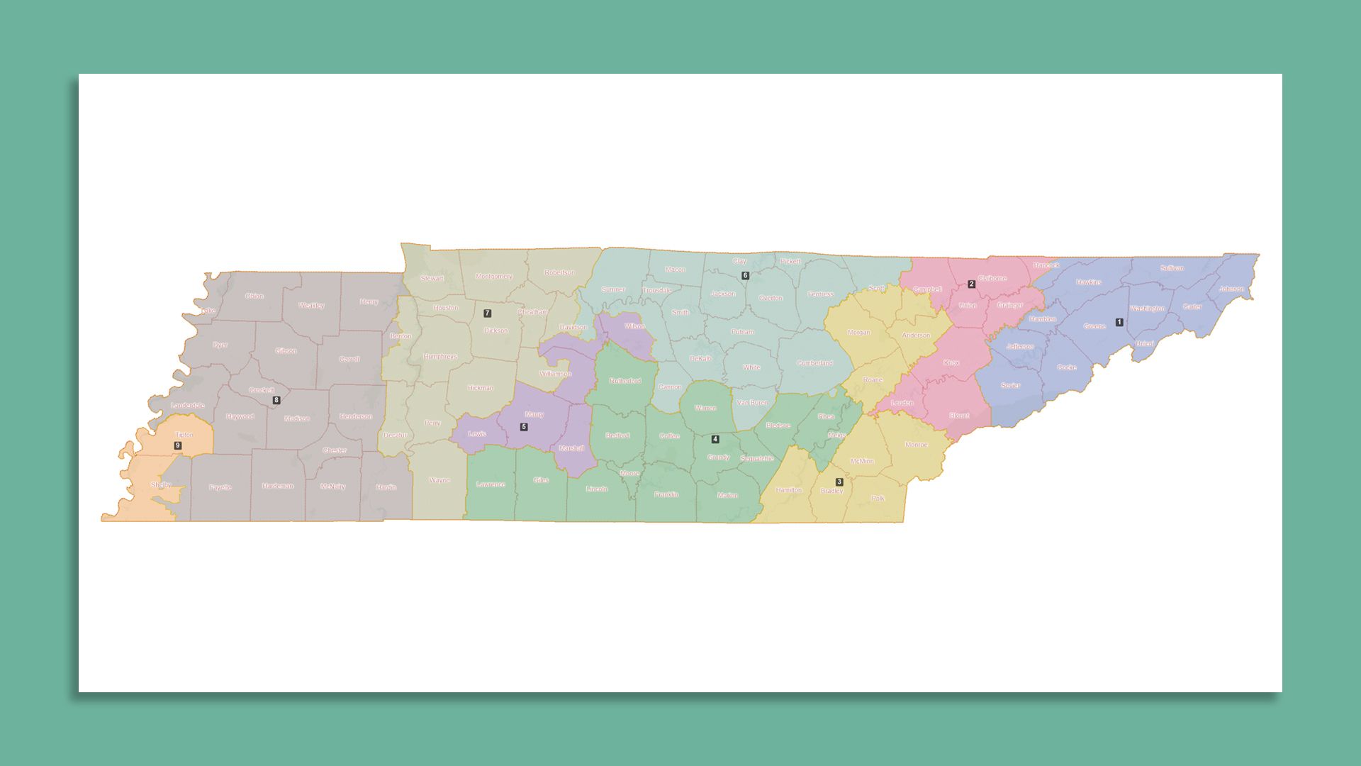 A map of Tennessee showing the new boarders of nine congressional districts.