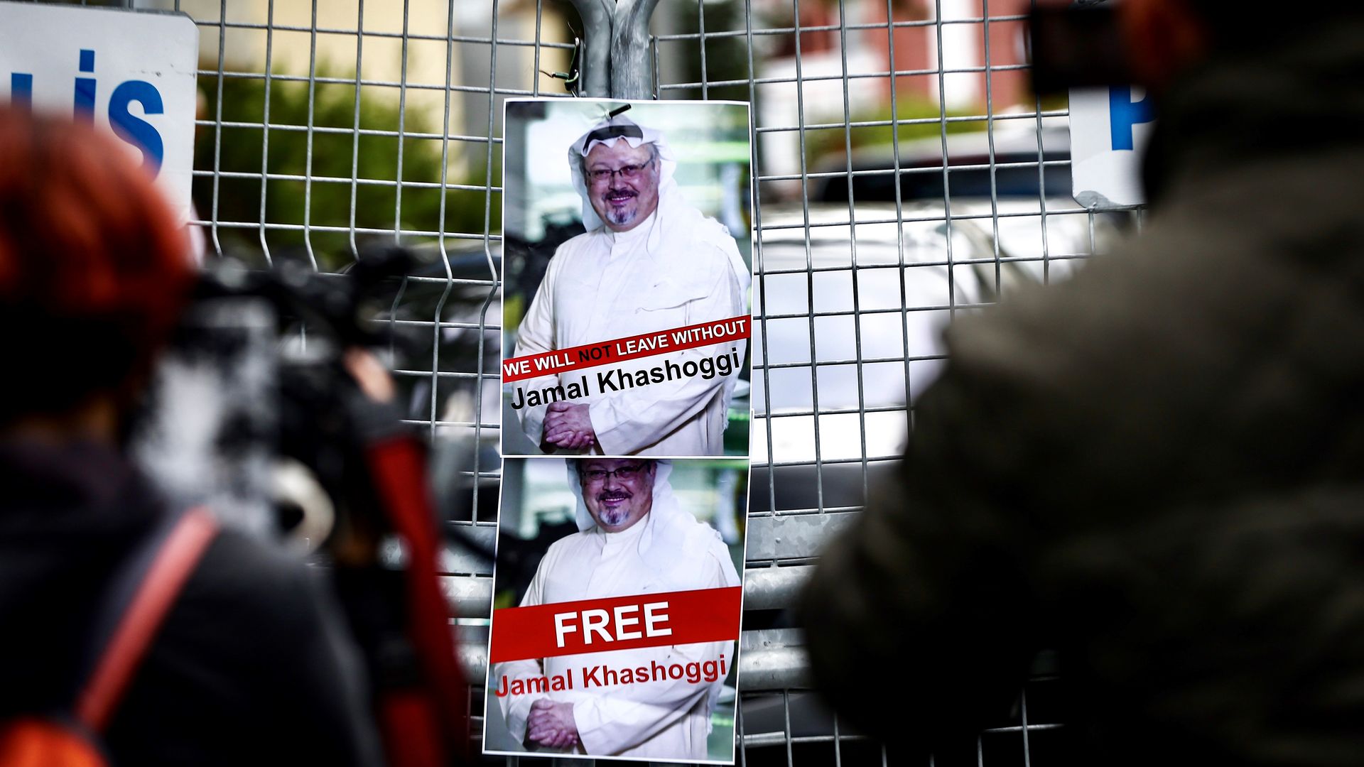 Signs for Jamal Khashoggi posted outside the Saudi consulate