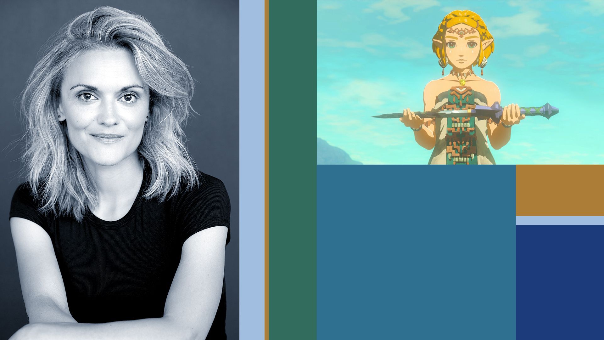 Photo illustration of Patricia Summersett with a screenshot of Zelda and rectangles.
