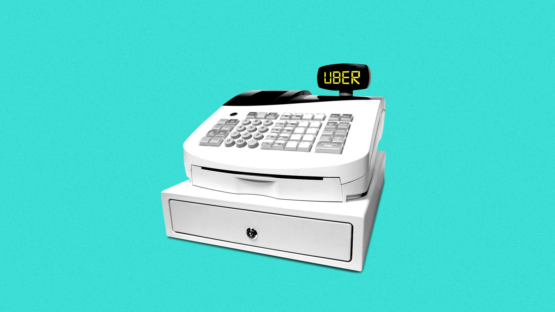 Illustration of a cash register ringing up UBER.