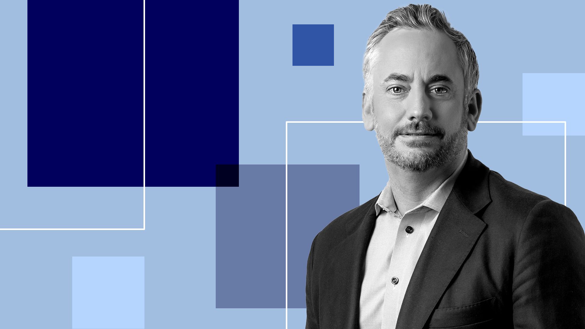 a photo illustration of Portage CEO Adam Felesky surrounded by colorful squares