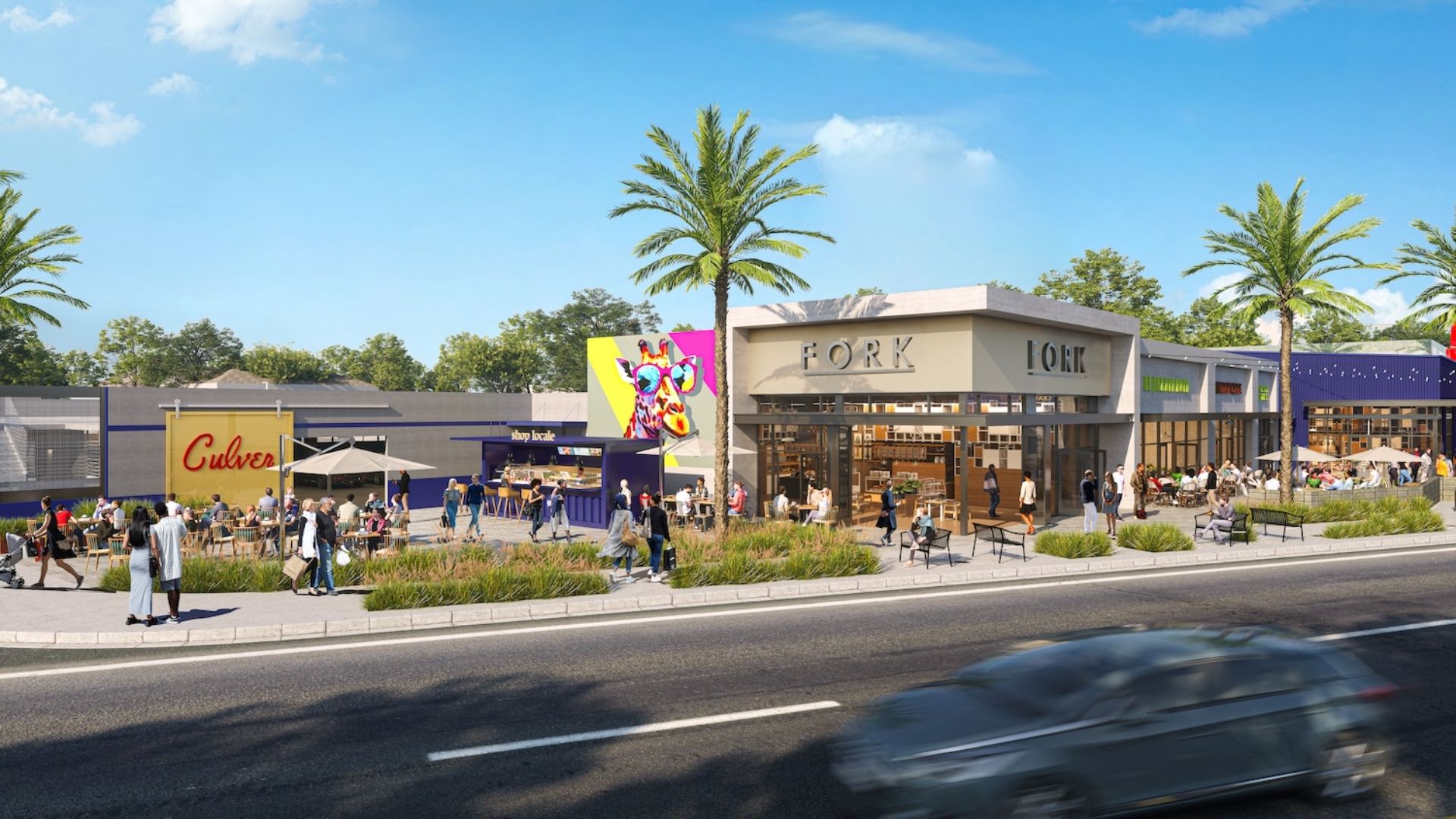 Sunny outdoor shopping plaza with a modern "FORK" storefront, glass doors, and outdoor seating. A bright giraffe mural sits near the building; palm trees line the street, people walk, cars pass.