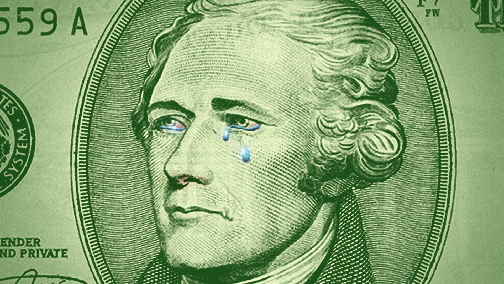 Illustration of Hamilton on a ten dollar bill with red eyes and nose and tears 