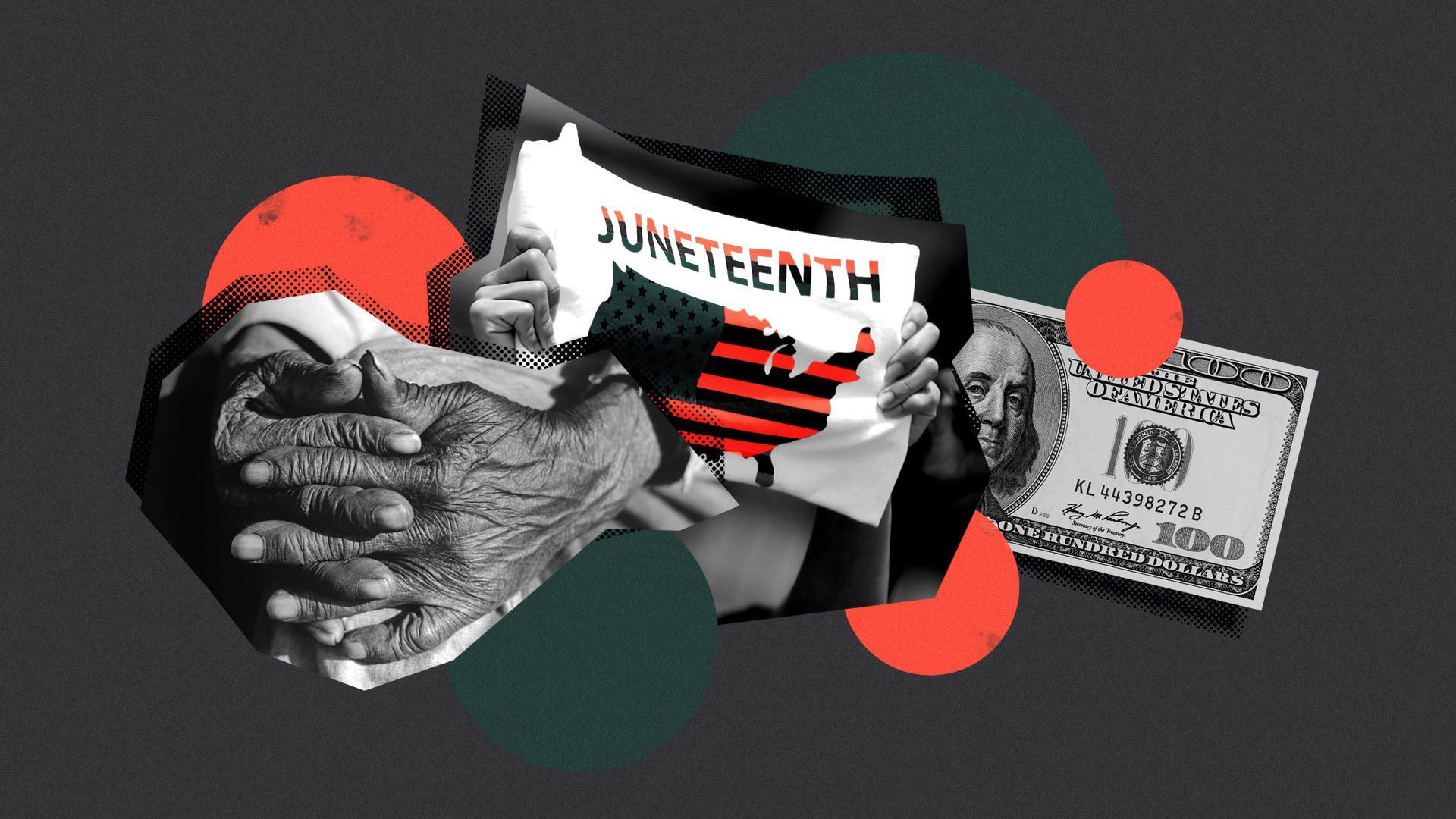 Photo illustration of a person holding up a banner that reads "Juneteenth," a pair of folded hands, and a hundred dollar bill