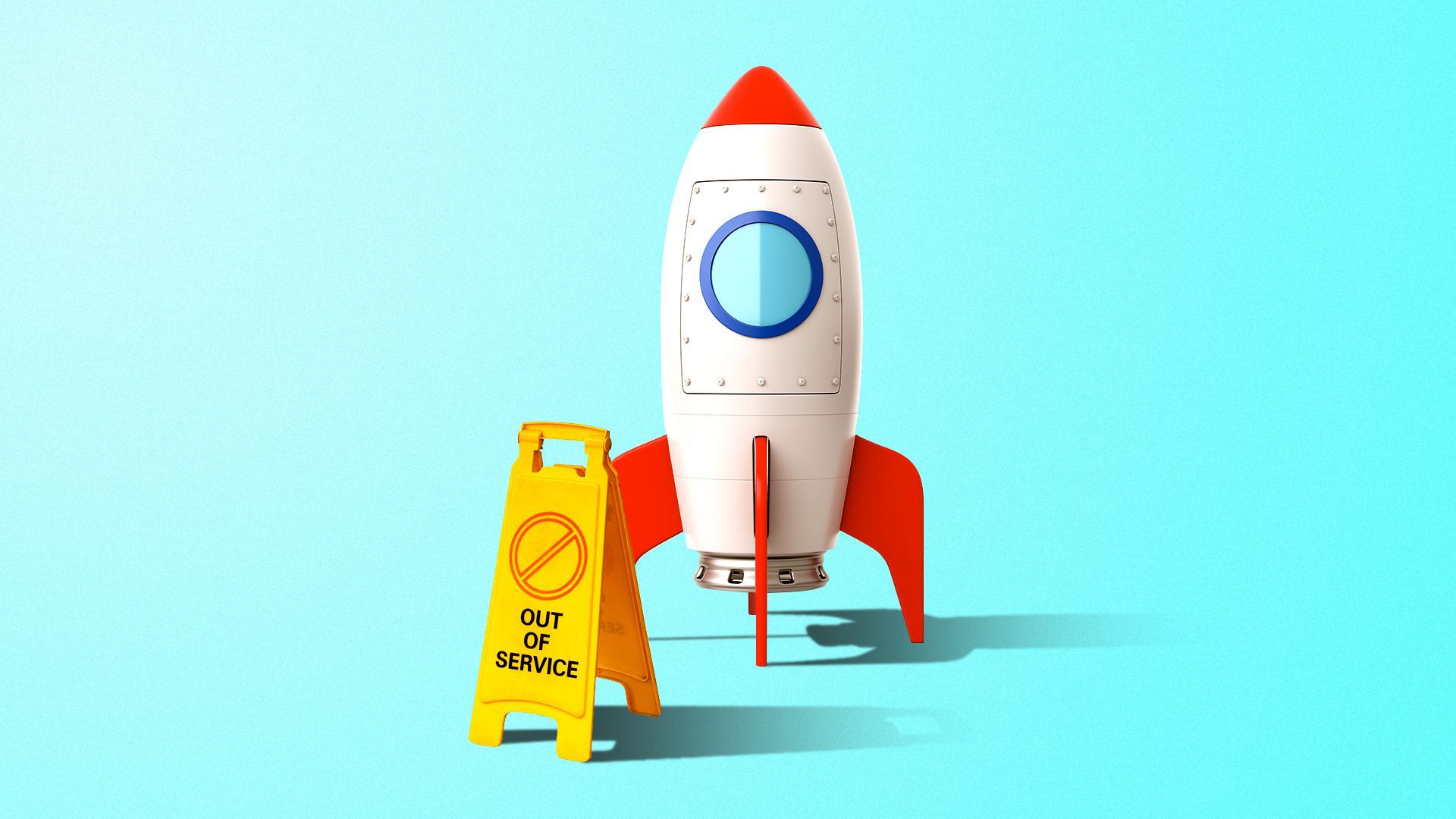 Illustration of a rocket ship with an out of service sign in front of it.