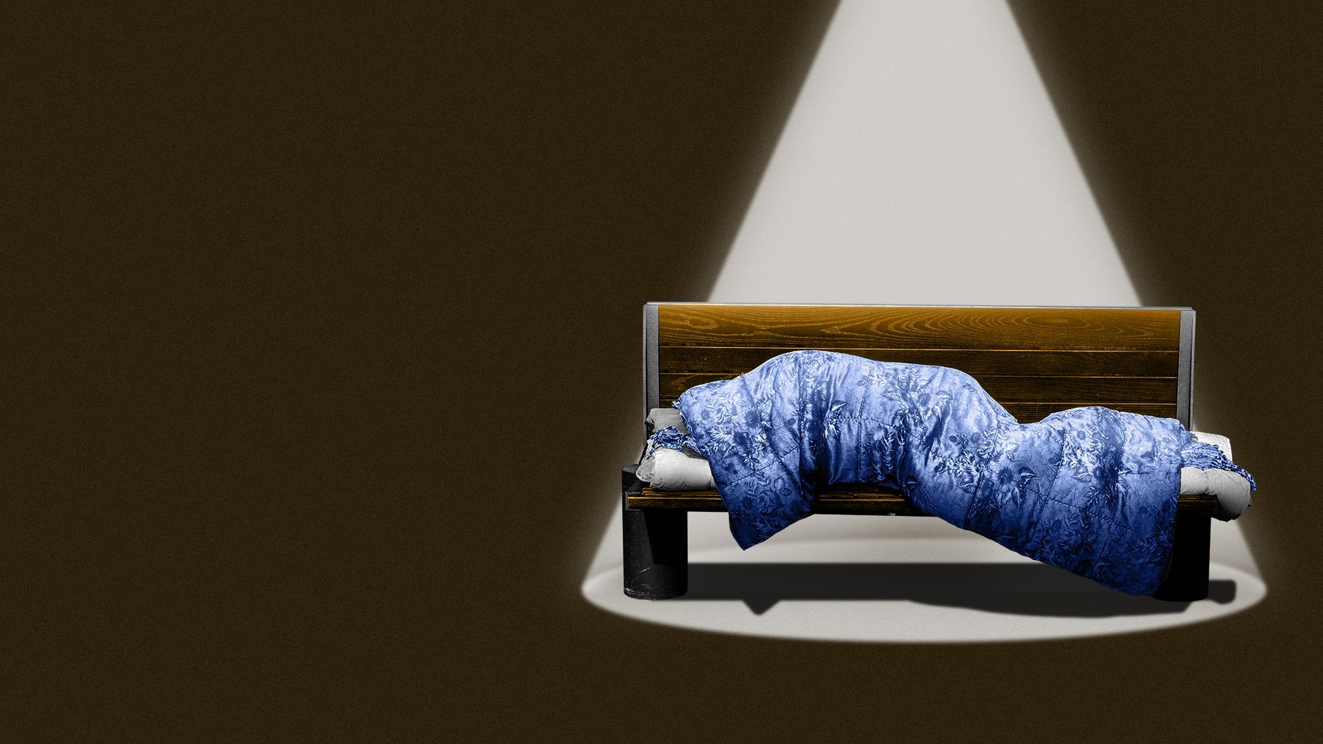 Illustration of a sleeping figure on a bench on a football field.