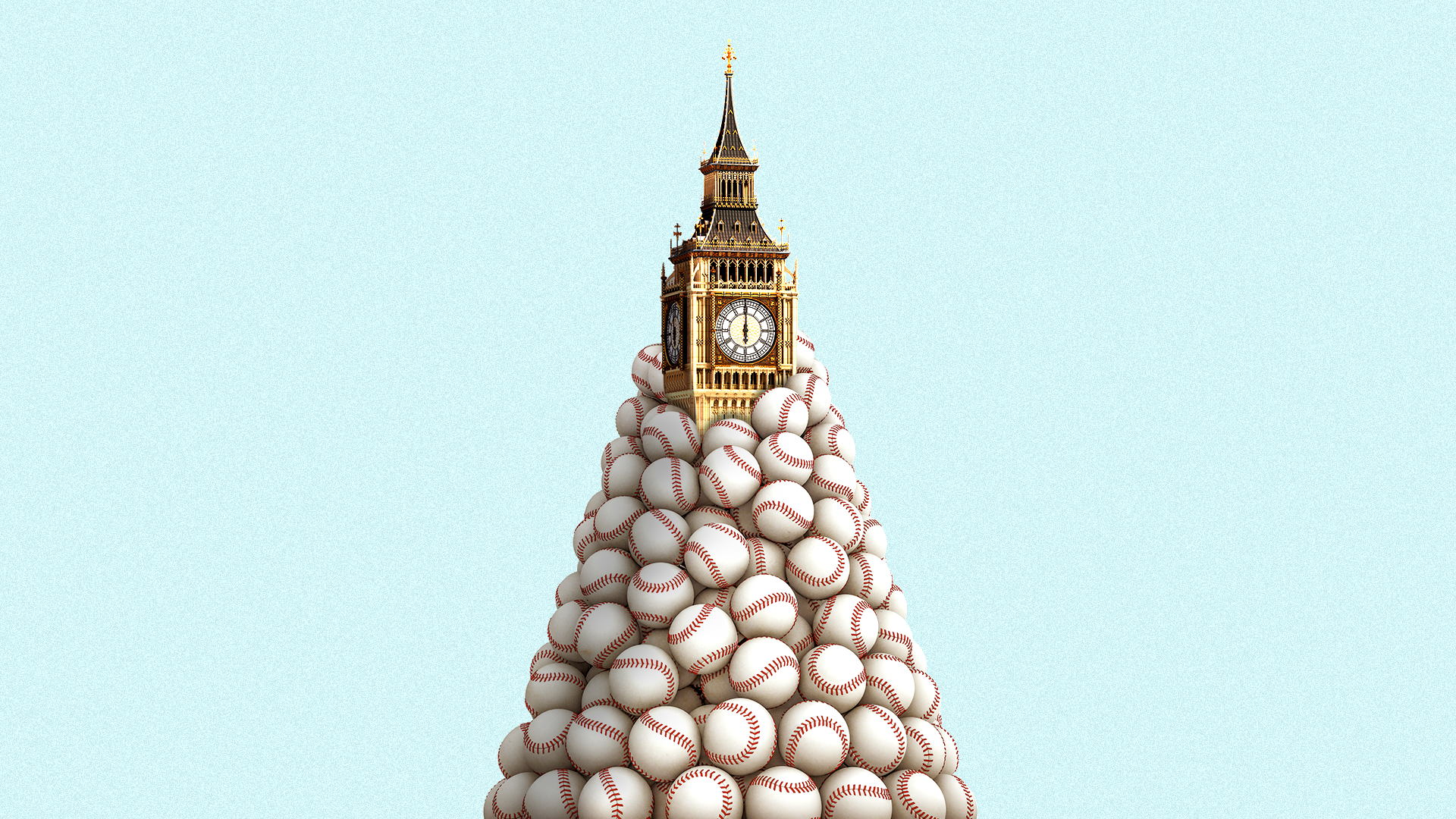 Illustration of Big Ben poking out of a pile of baseballs