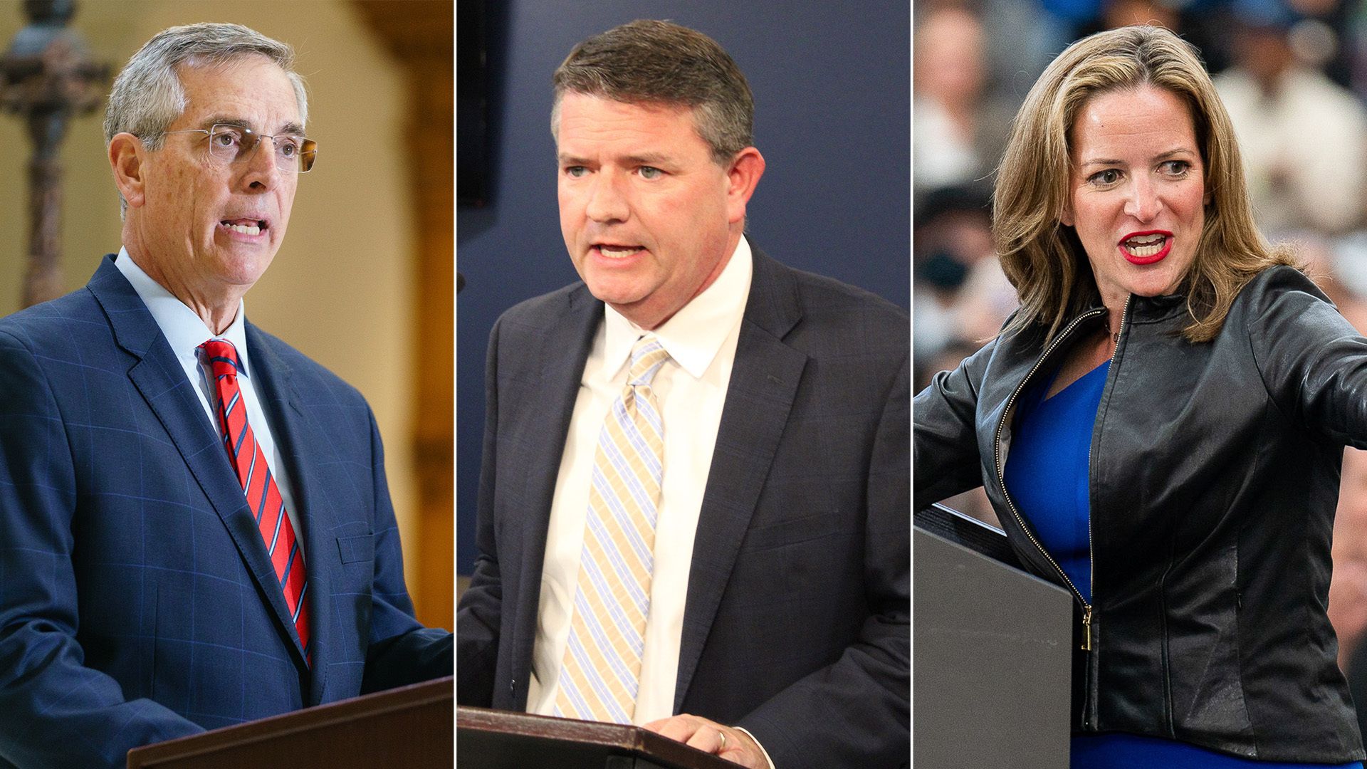 Photos of Georgia secretary of state Brad Raffensperger, Maricopa County Arizona Board of Supervisors chairman Bill Gates and Michigan secretary of state Jocelyn Benson