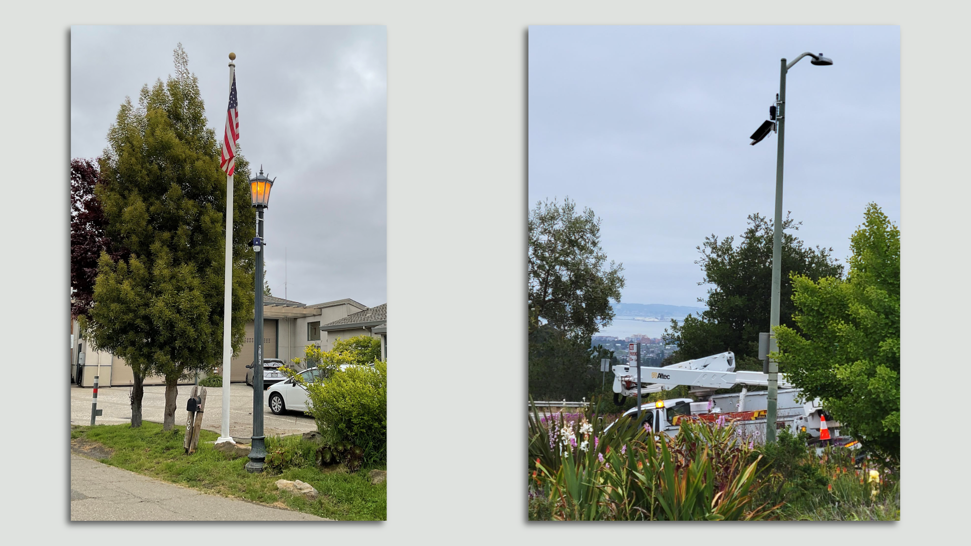 Side-by-side photos show fire-sniffing sensors attached to a flagpole and a light pole. 