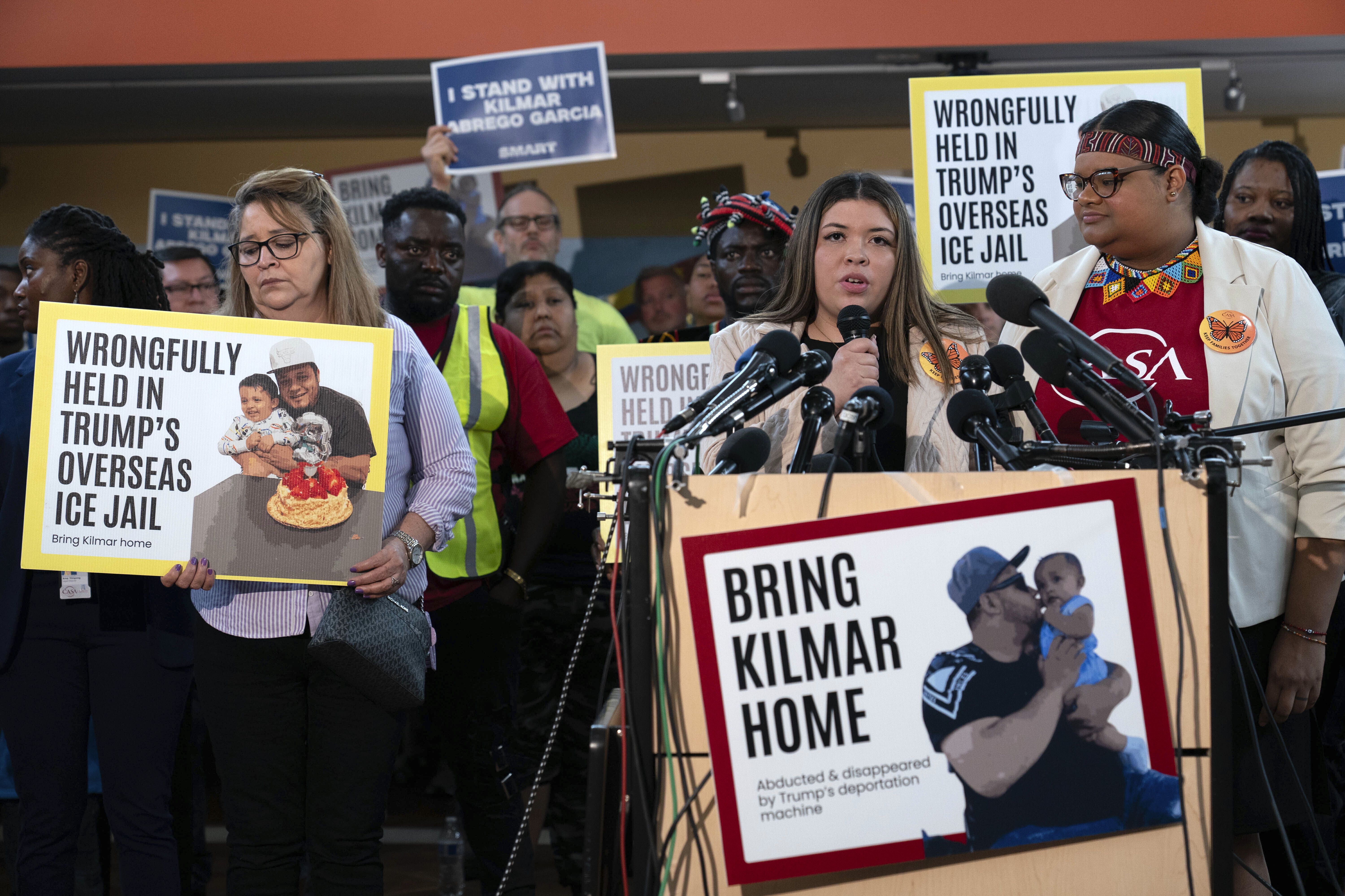 Jennifer Vasquez Sura, the wife of deported migrant Kilmar Abrego Garcia, speaks at a press conference in Maryland last week.