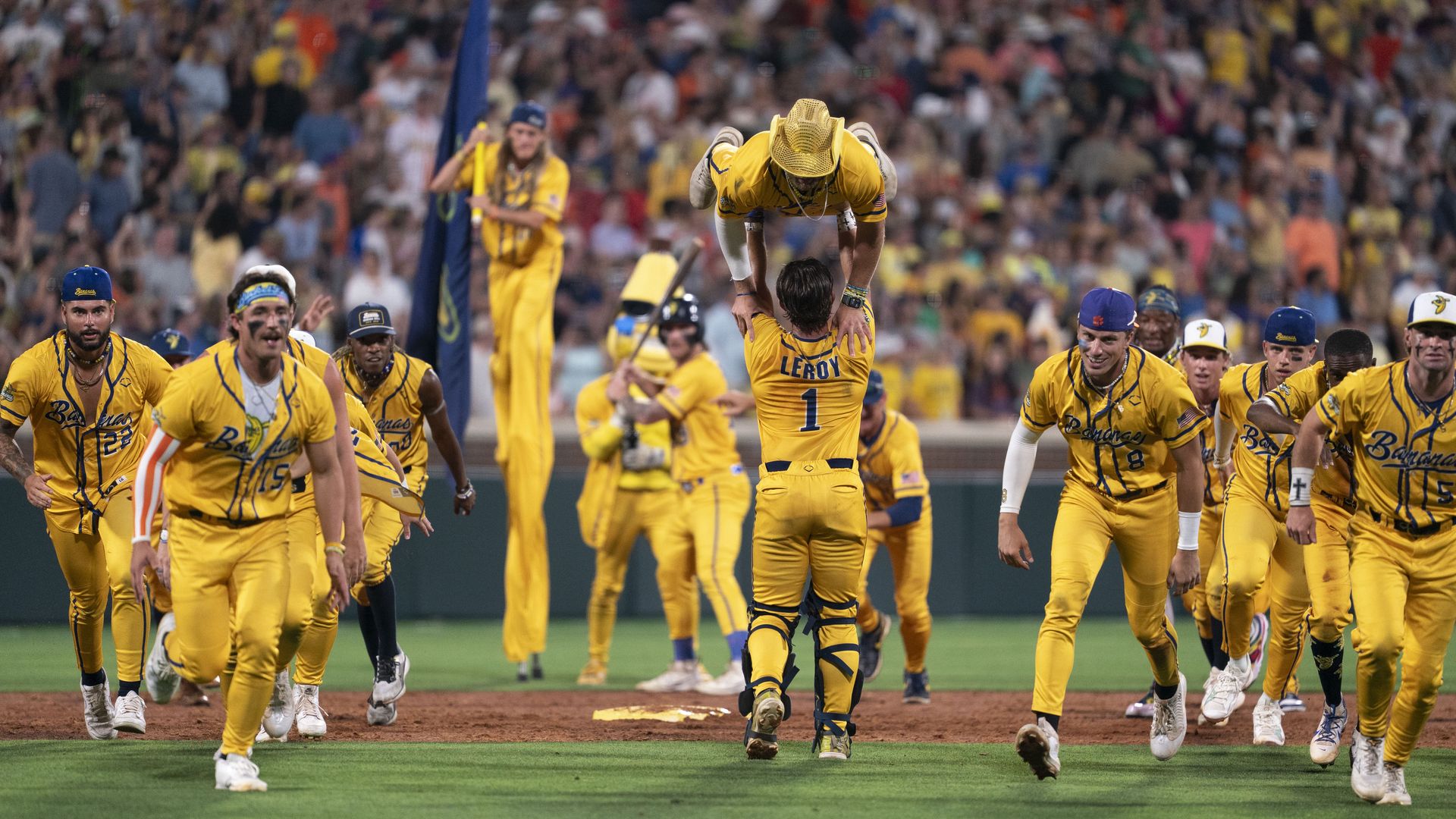 Savannah Bananas perform a routine during a game against the Party Animals at Memorial Stadium on April 26, 2025 in Clemson, South Carolina.