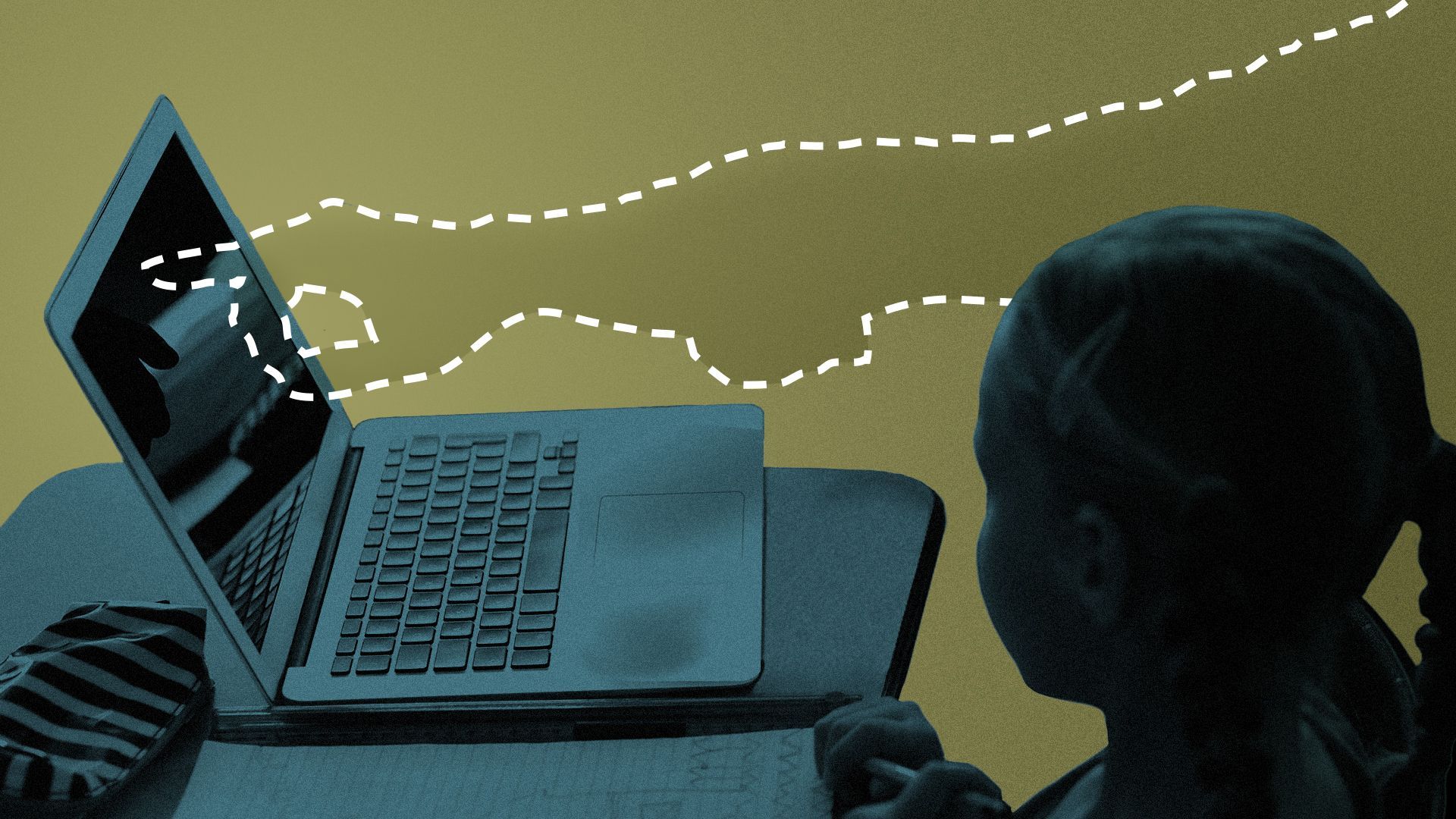 Illustration of a student watching as a missing aide, represented by a dotted outline points at a computer screen on a desk.