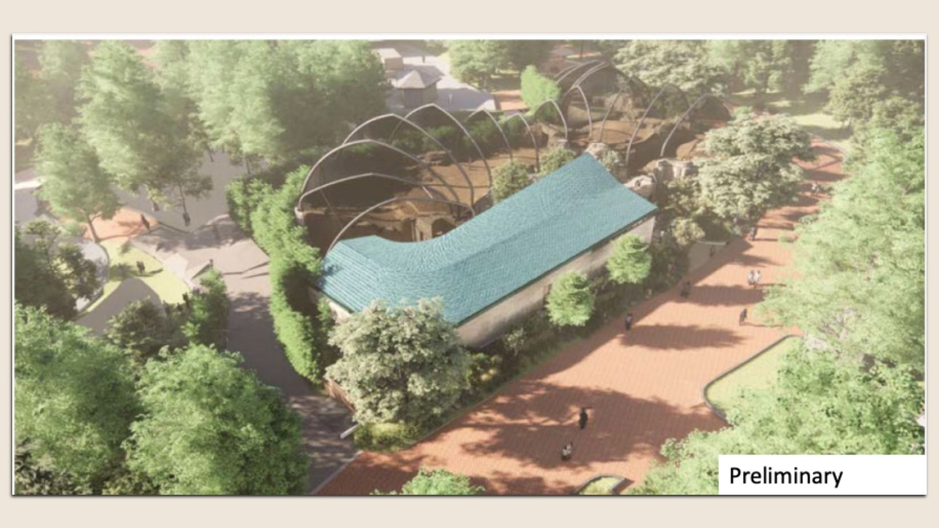 Aerial view of a park: a long turquoise-roofed pavilion with curved arches, brick paths, and dense trees; small figures walk the paths, with a "Preliminary" label in the corner.