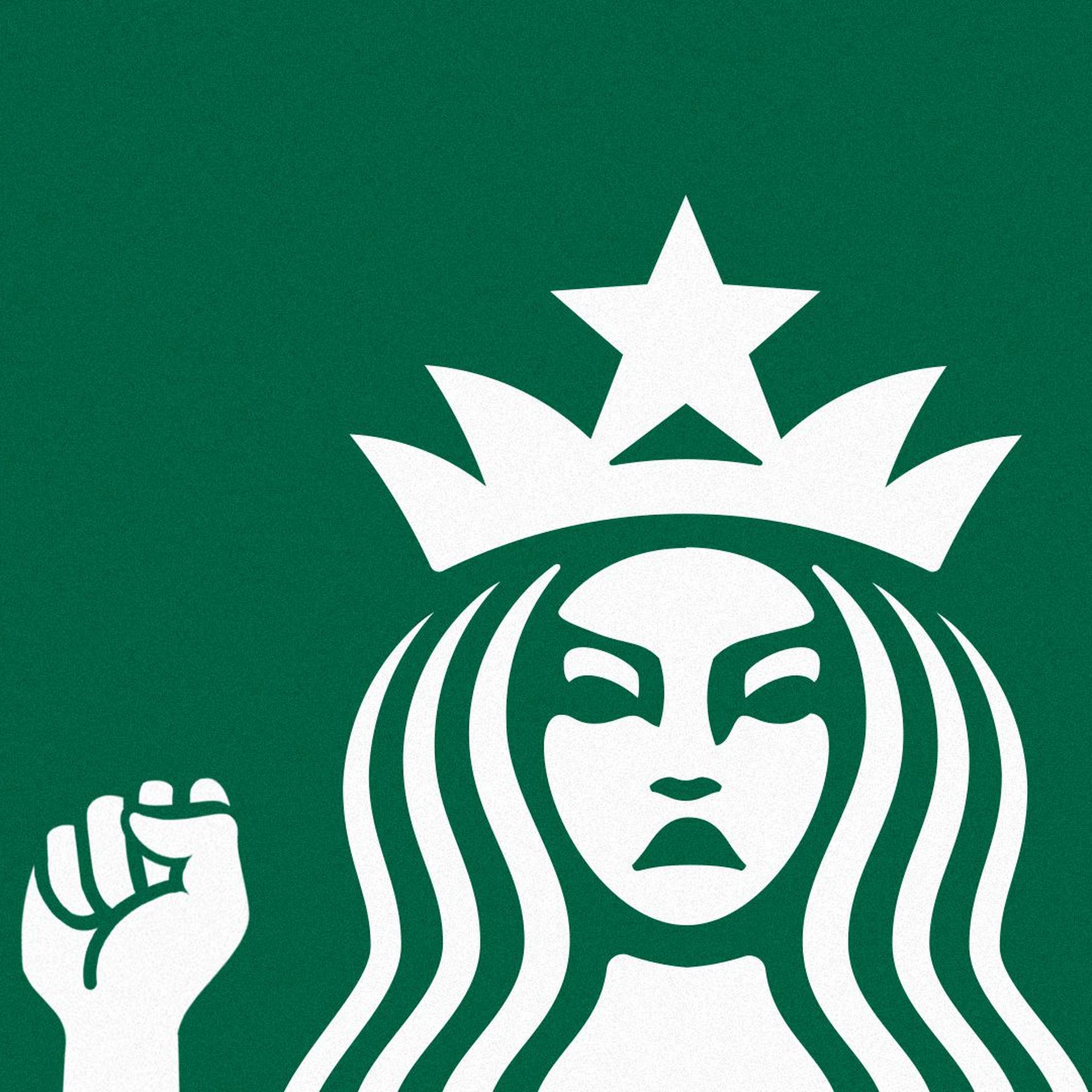 Illustration of the Starbucks siren holding up a fist. 