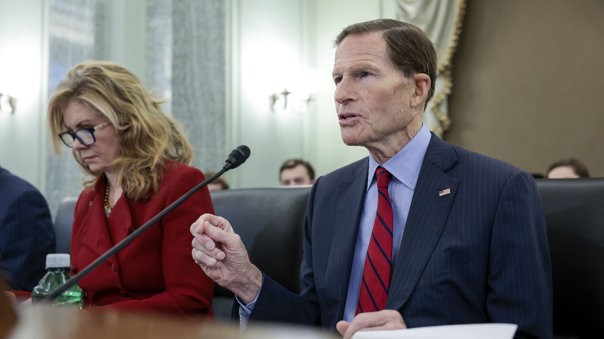 Sen. Richard Blumenthal (D-Conn.) speaks alongside Sen. Marsha Blackburn (R-Tenn.) during a Senate Commerce, Science and Transportation subcommittee hearing