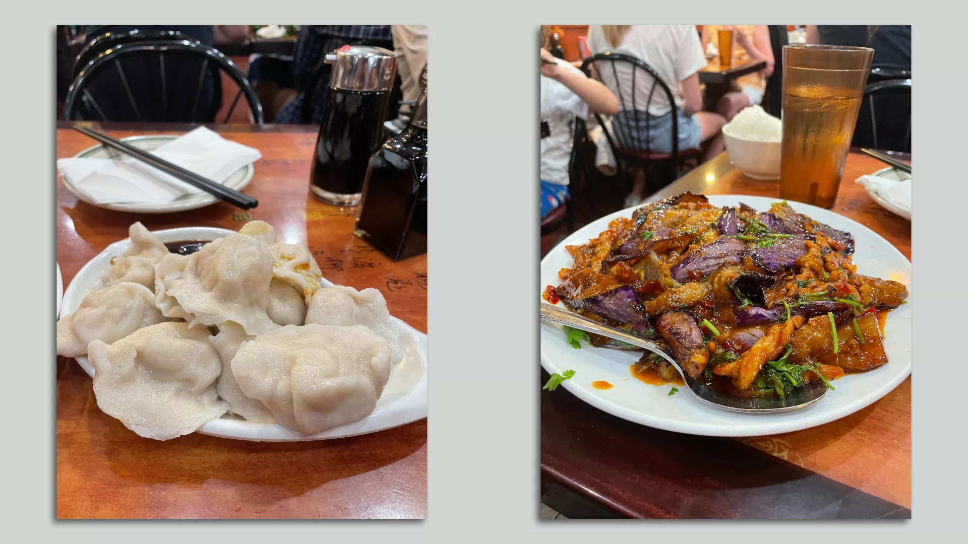 Two photos side by side. One of dumplings and the other of eggplant.