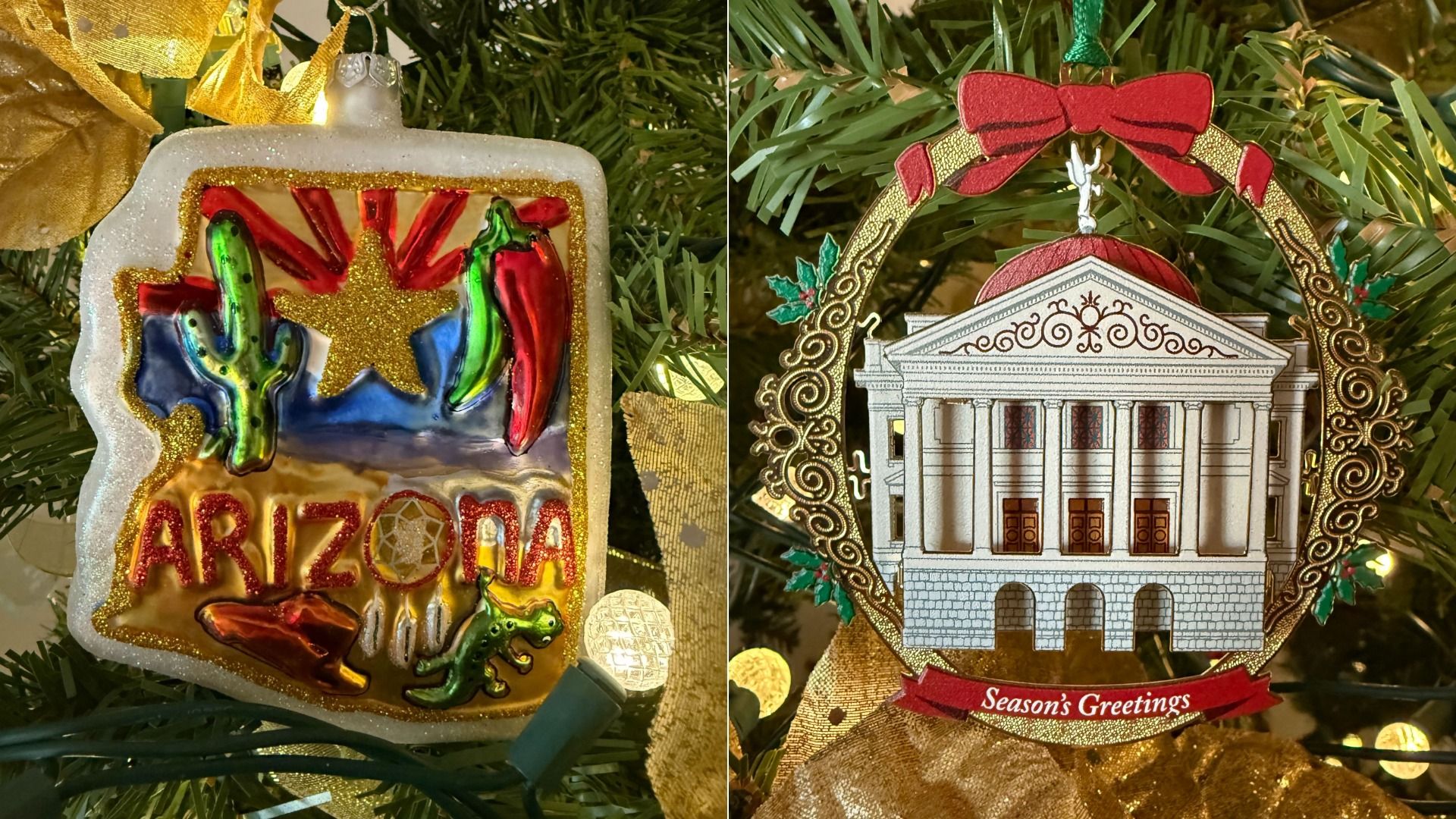 Two Christmas ornaments on a tree: left is a colorful Arizona-themed with a cactus and peppers over an Arizona flag, with a lizard; right is a white clasical building in a gold wreath with red bow and "Season's Greetings" banner.