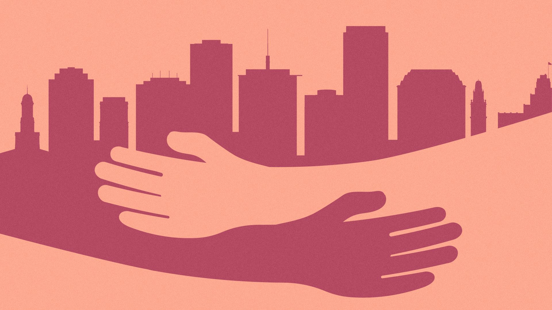 Illustration of a city skyline with two large arms and hands embracing the Richmond skyline.