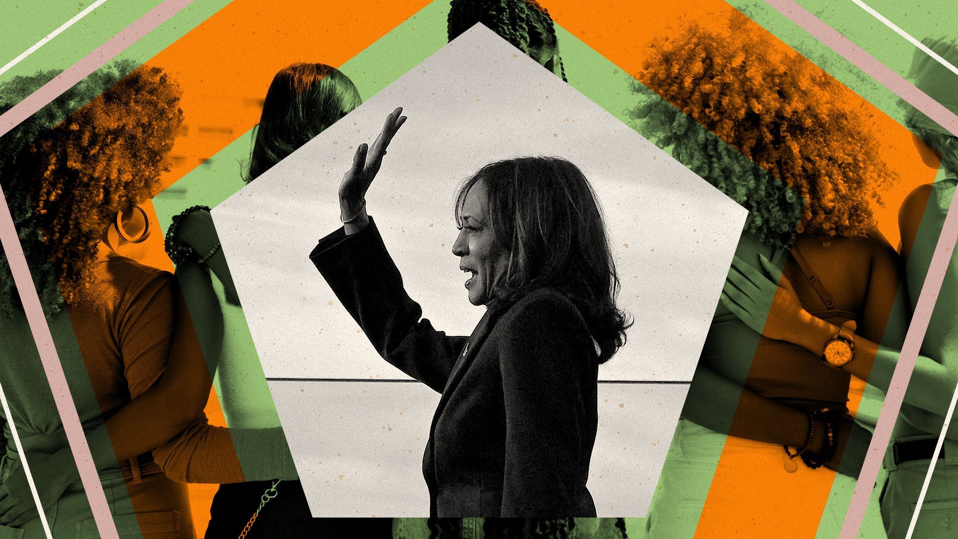 Photo illustration of geometric shapes containing a photo of Kamala Harris with Black women embracing in the background.
