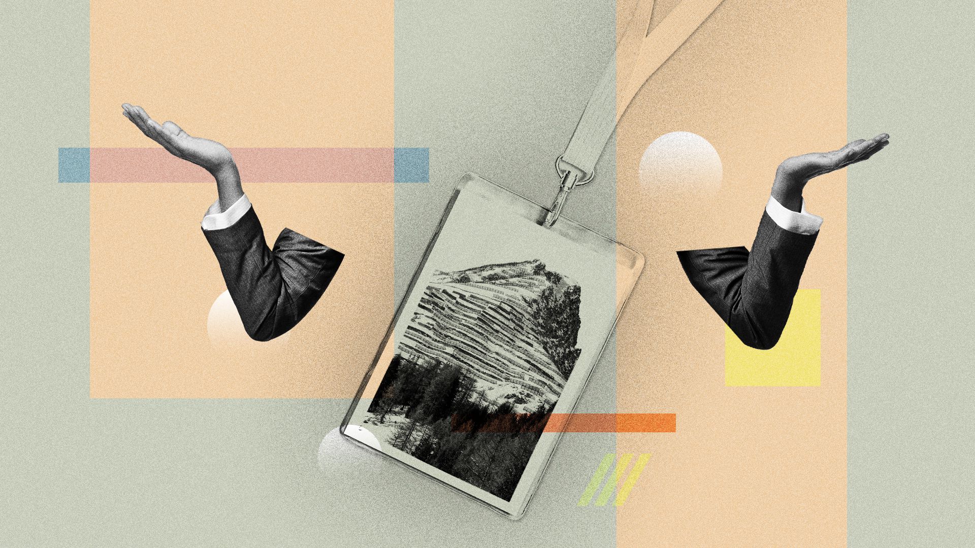Illustration of a collage featuring a lanyard with a mountain on it, two disembodied arms shrugging, and colorful rectangles and white circles.