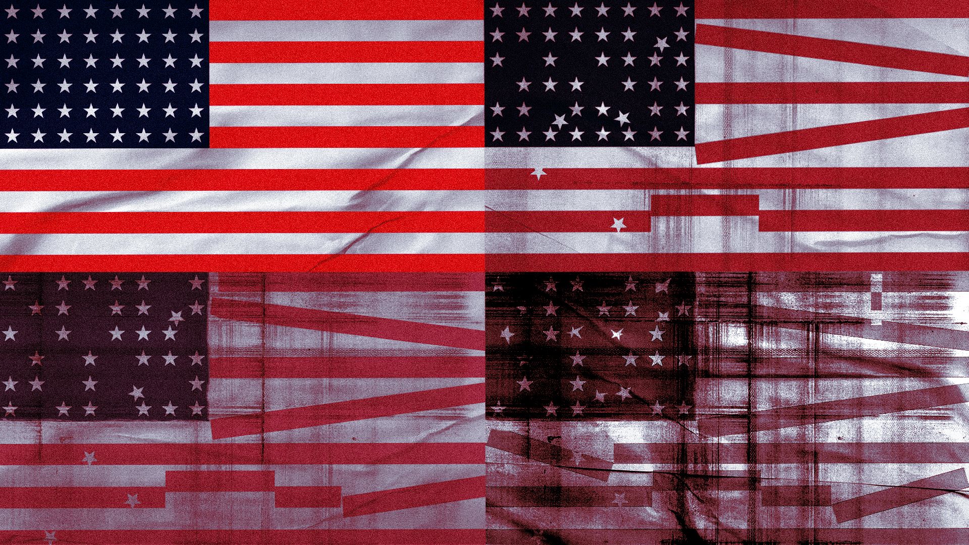 Illustration of an American flag getting progressively more degraded in quality