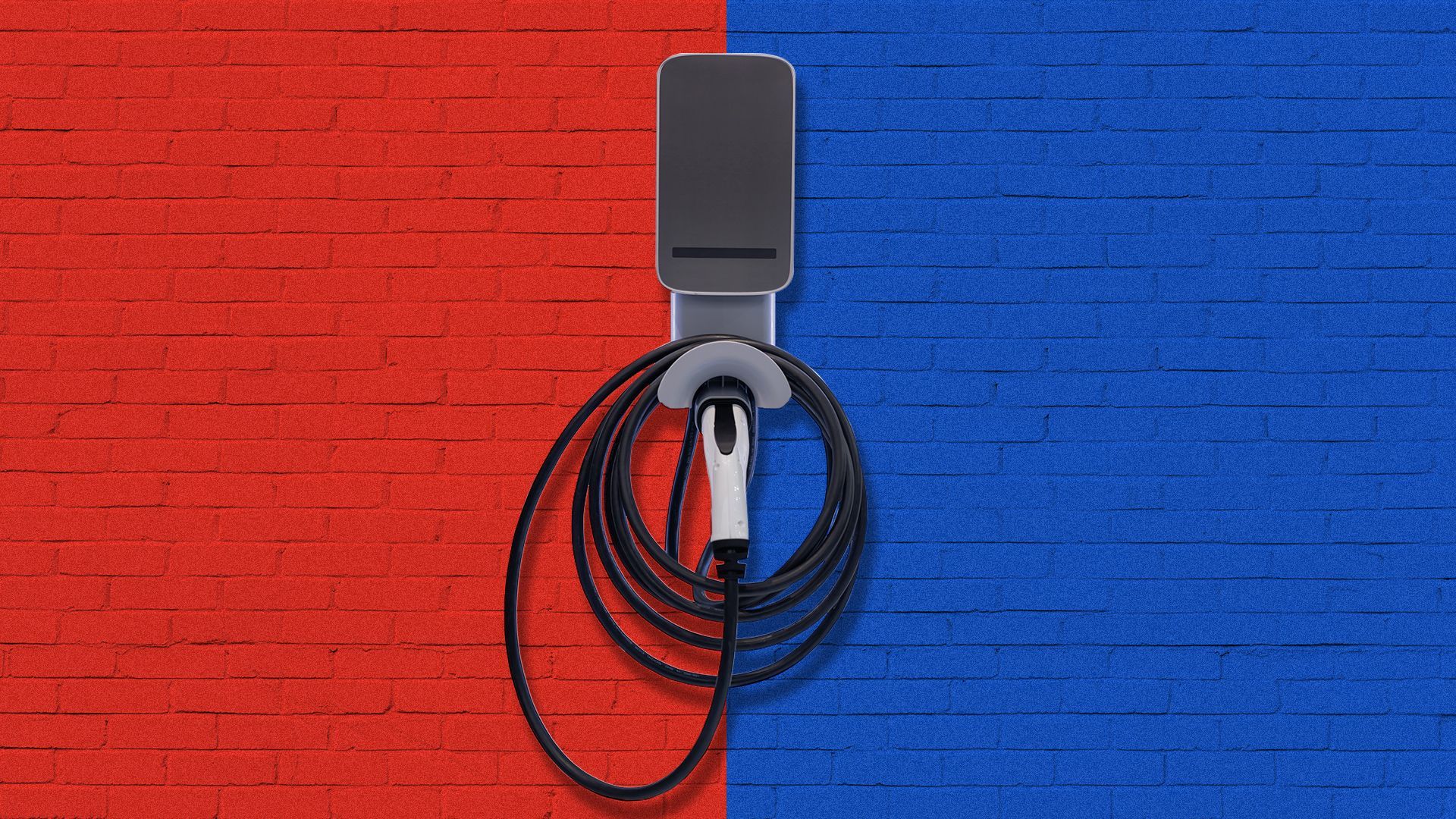 Illustration of a brick wall in red and blue with an EV charger hanging in the center. 