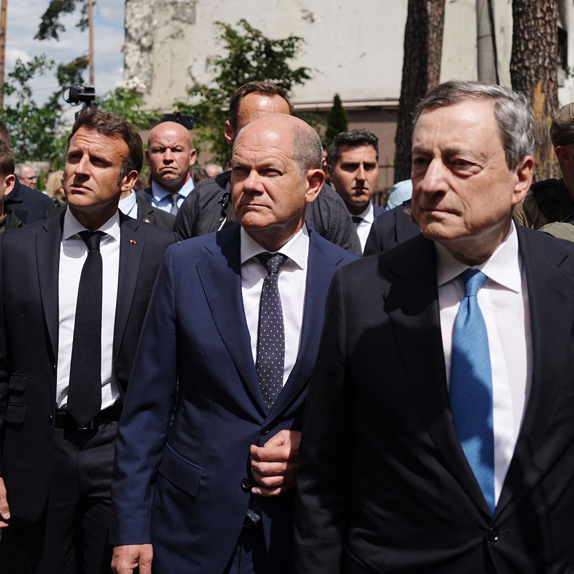 French President Emmanuel Macron, Italian Prime Minister Mario Draghi and German Chancellor Olaf Scholz visit the devastated Kyiv suburb of Irpin on Thursday.