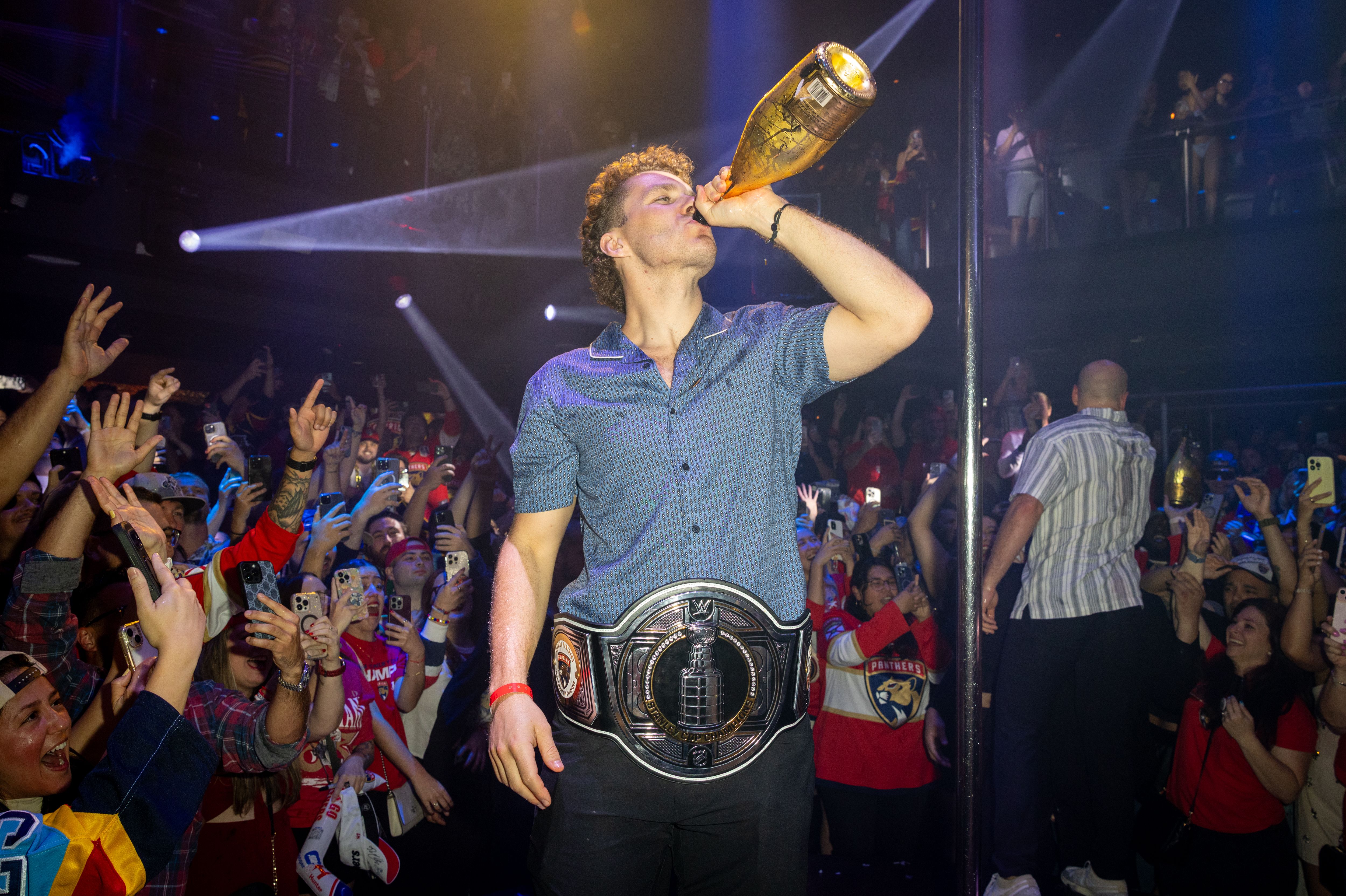 MIAMI, FLORIDA - JUNE 19: Matthew Tkachuk of the Florida Panthers is seen celebrating the 2025 Stanley Cup win at E11EVEN Miami on June 19, 2025 in Miami, Florida. (Photo by Alexander Tamargo/Getty Images for E11EVEN)