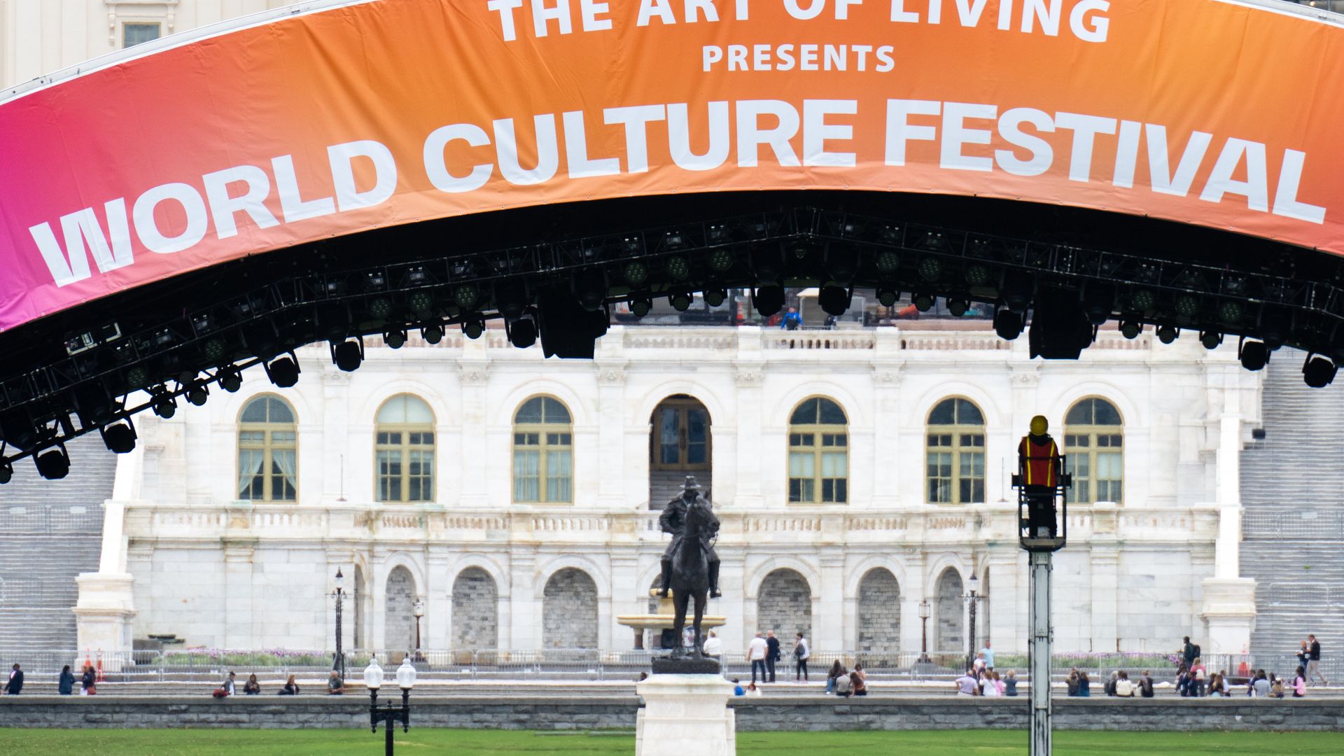 A sign for the Art of Living World Culture Festival in DC