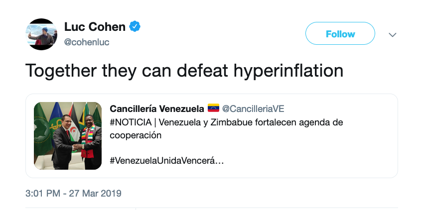 Tweet from Reuters reporter Luc Cohen about Zimbabwe and Venezuela signing a pact that says "Together they can defeat hyperinflation."