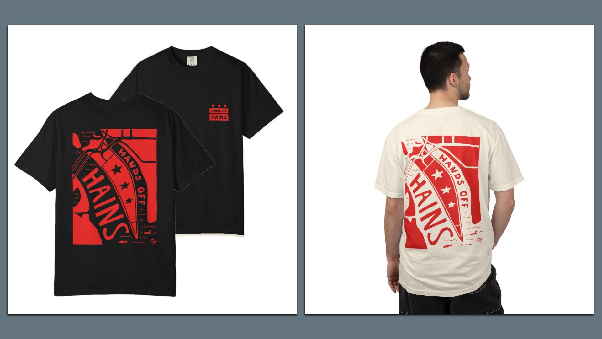 Two T-shirts with a bold red graphic reading "HANDS OFF." The black tee shows a large front print and a small chest logo; the white tee is worn by a man from the back, displaying the same red design.