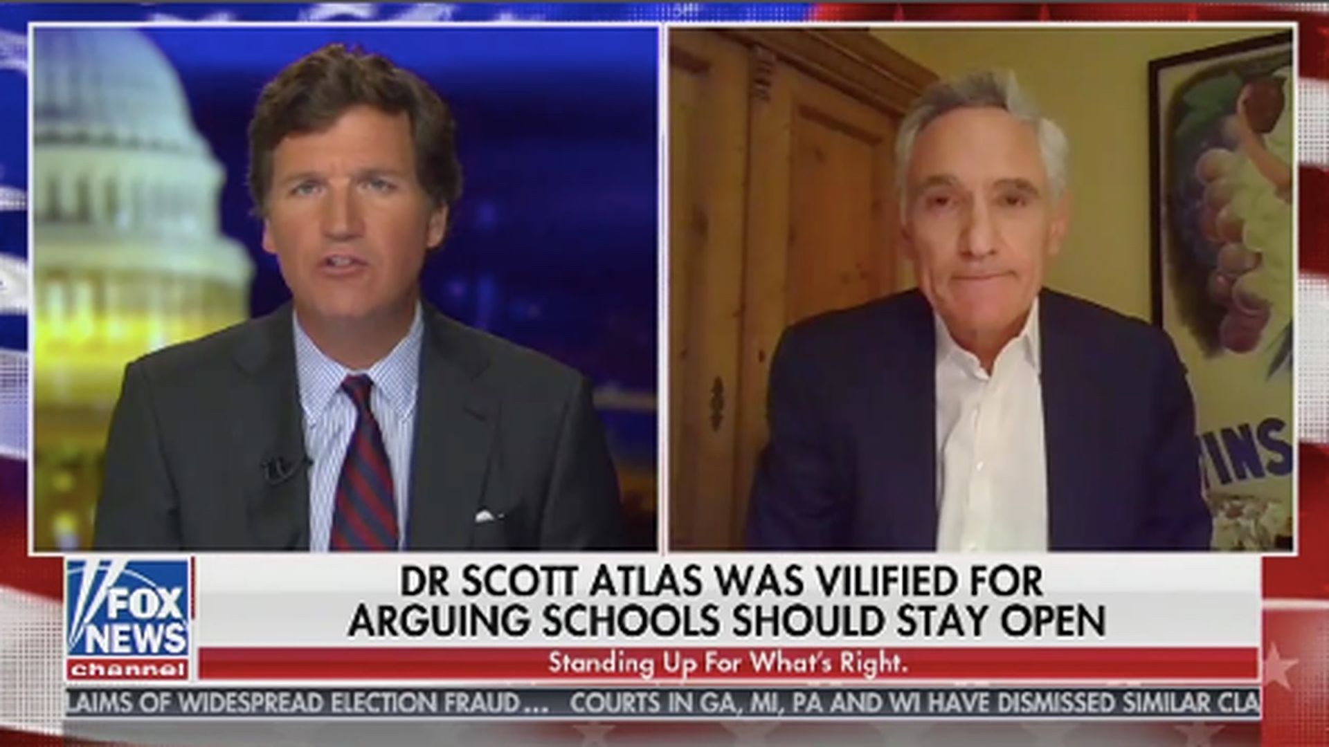 Tucker Carlson interviews Dr. Scott Atlas via split-screen during his program Monday night.