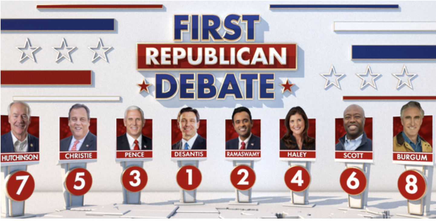 A graphic showing where the eight GOP candidates will stand for tonight's debate.