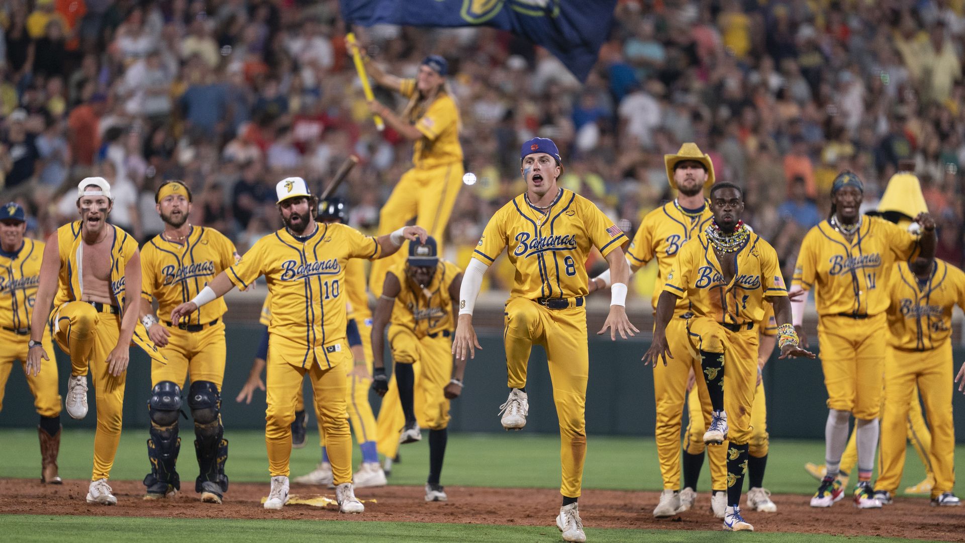 Savannah Bananas perform a routine during a game against the Party Animals at Memorial Stadium on April 26, 2025 in Clemson, South Carolina.