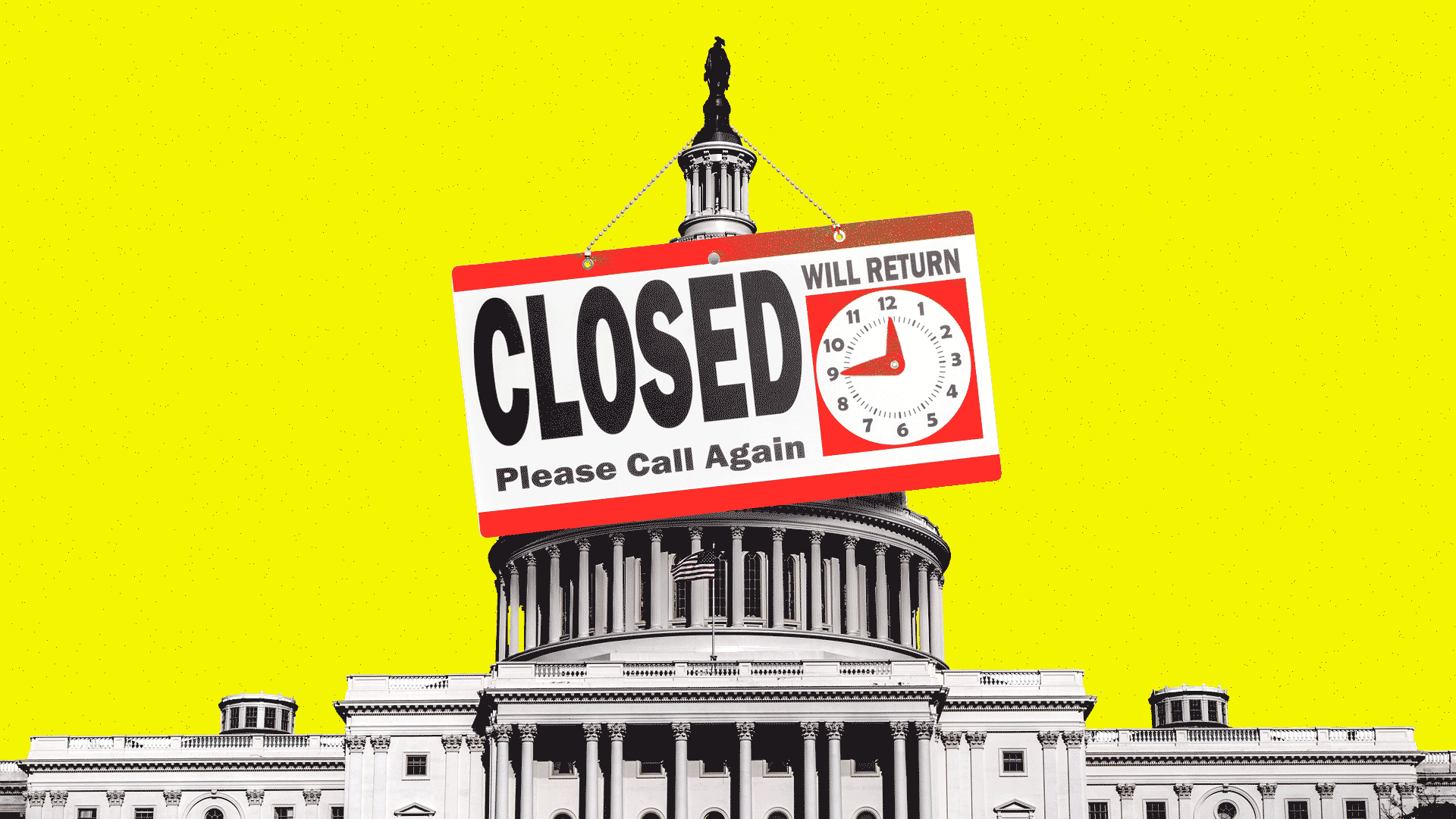An illustration of the US capitol building with a closed sign on it.