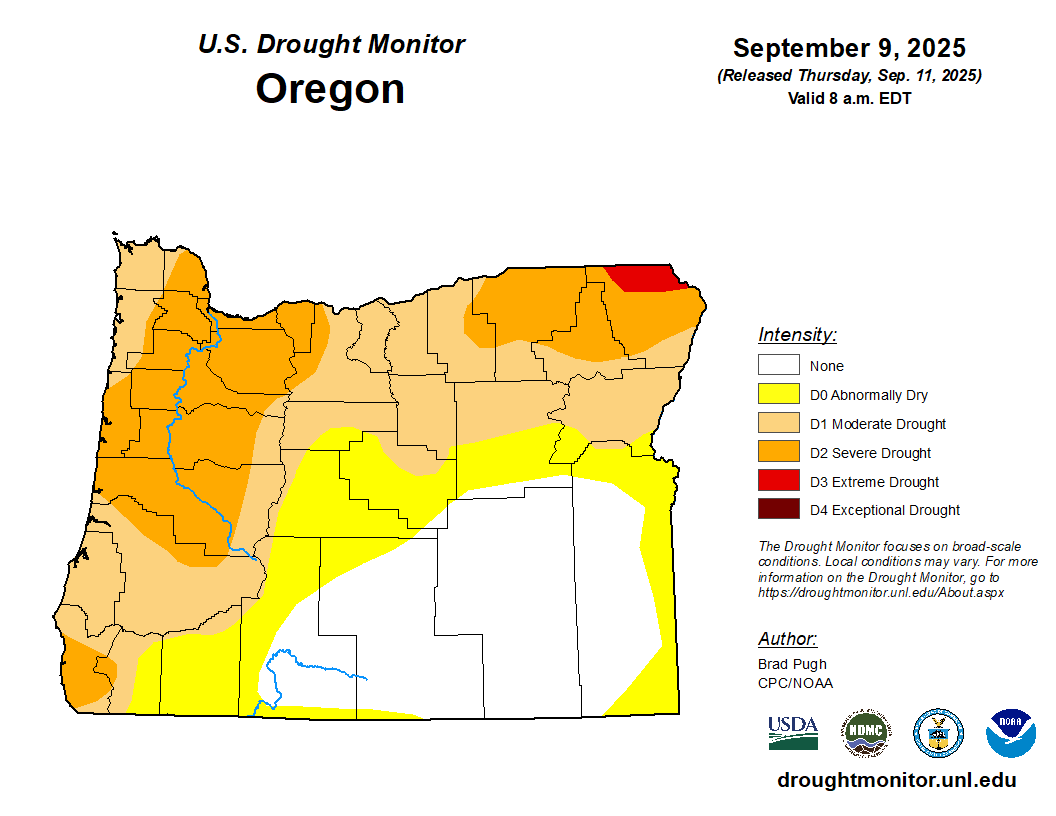 A map from the U.S. Drought Monitor shows which parts of Oregon are in drought with the Willamette Valley mostly in severe drought.