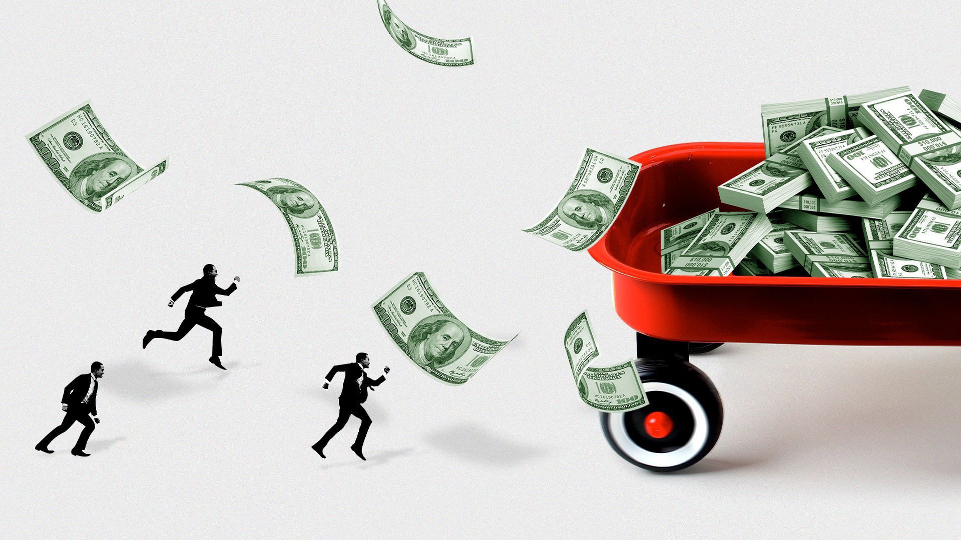 An illustration of people chasing a wagon of money.