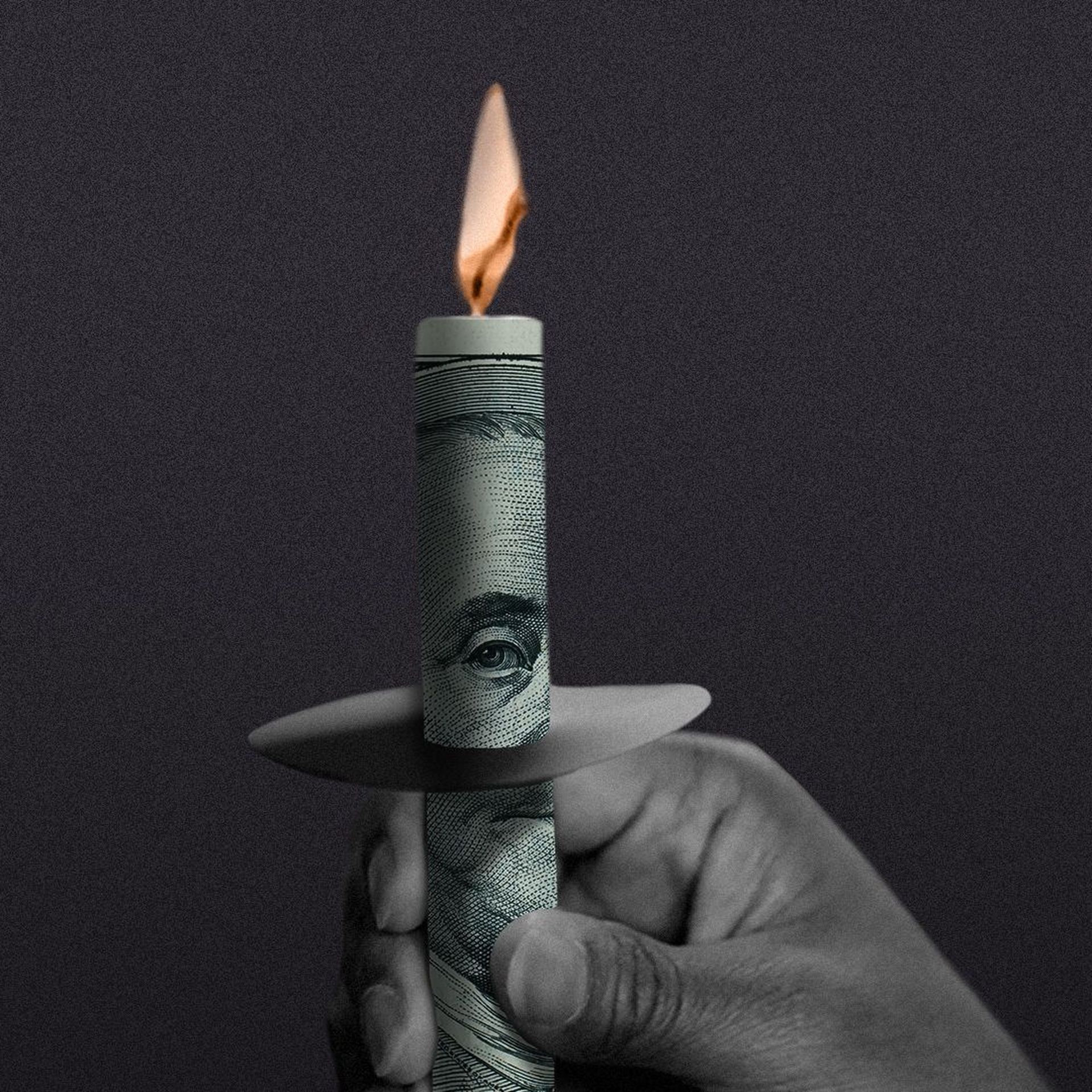 Illustration of a hand at a vigil holding a candle wrapped in a $100 bill.
