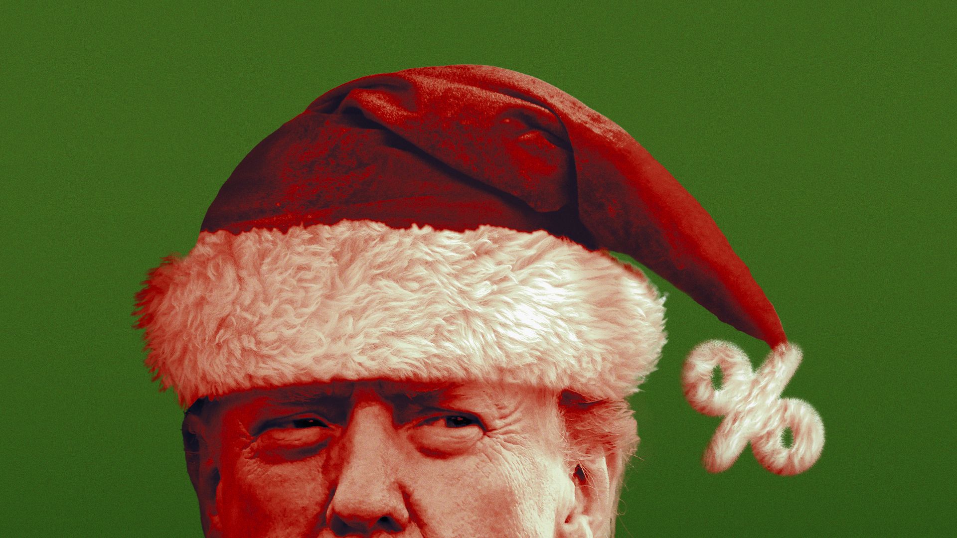 Illustration of Trump wearing a Santa hat. The pom pom is made out of a fuzzy percentage sign.