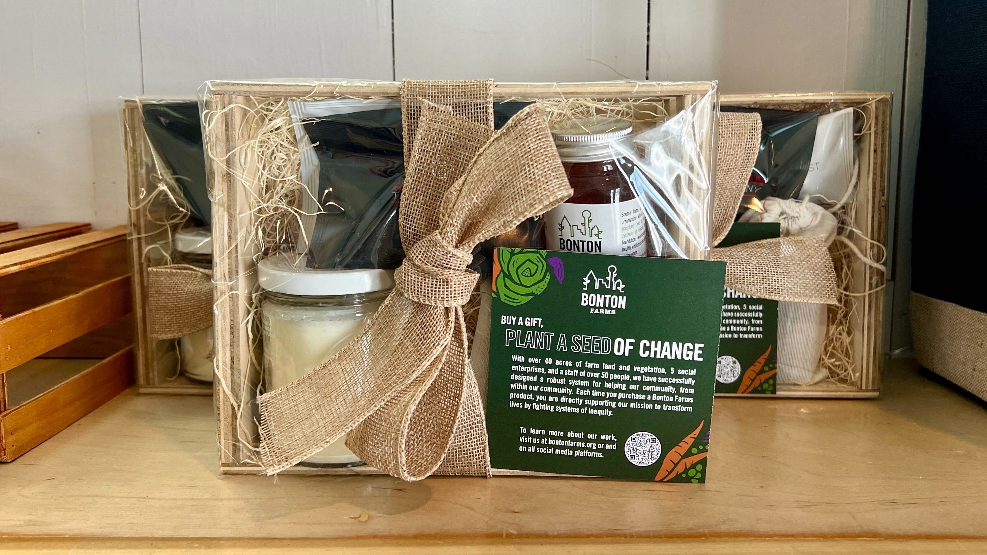 A photo of gift boxes on a shelf