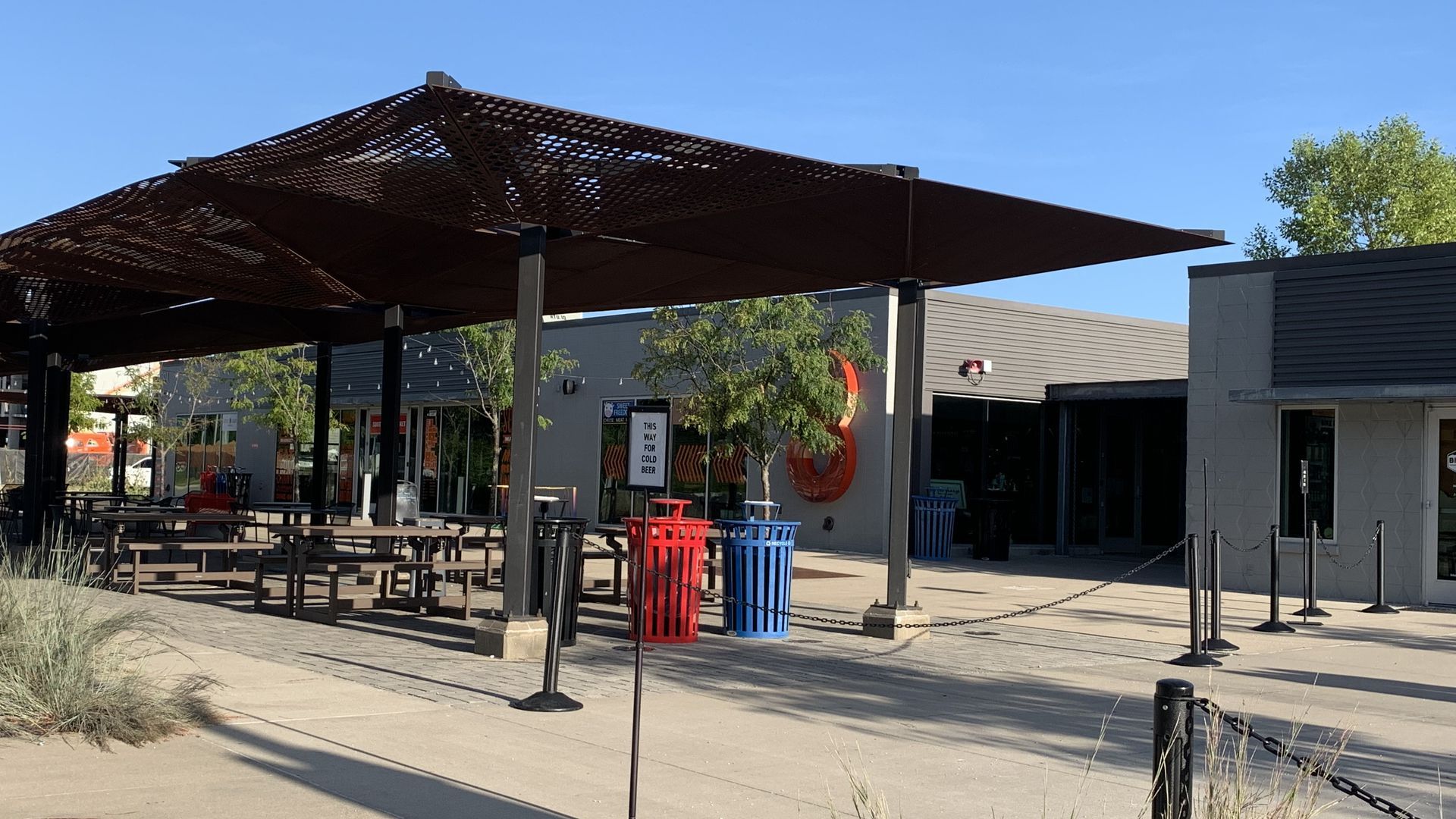 Picnic benches situated under a covered area