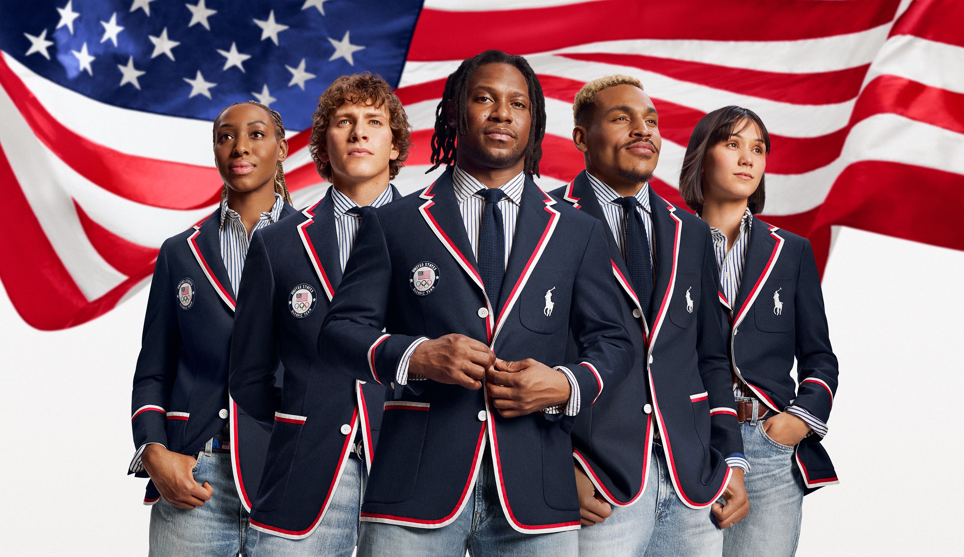 Team USA athletes posing in their Olympics uniforms by Ralph Lauren.