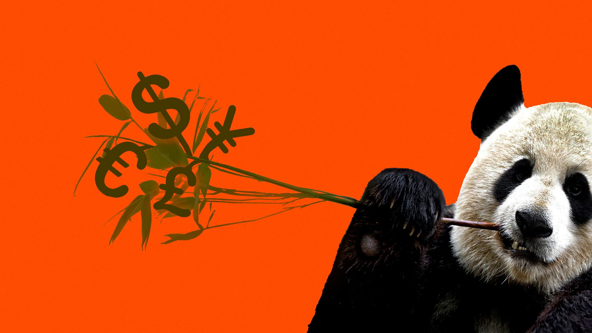 A panda eating leaves shaped like currency symbols.