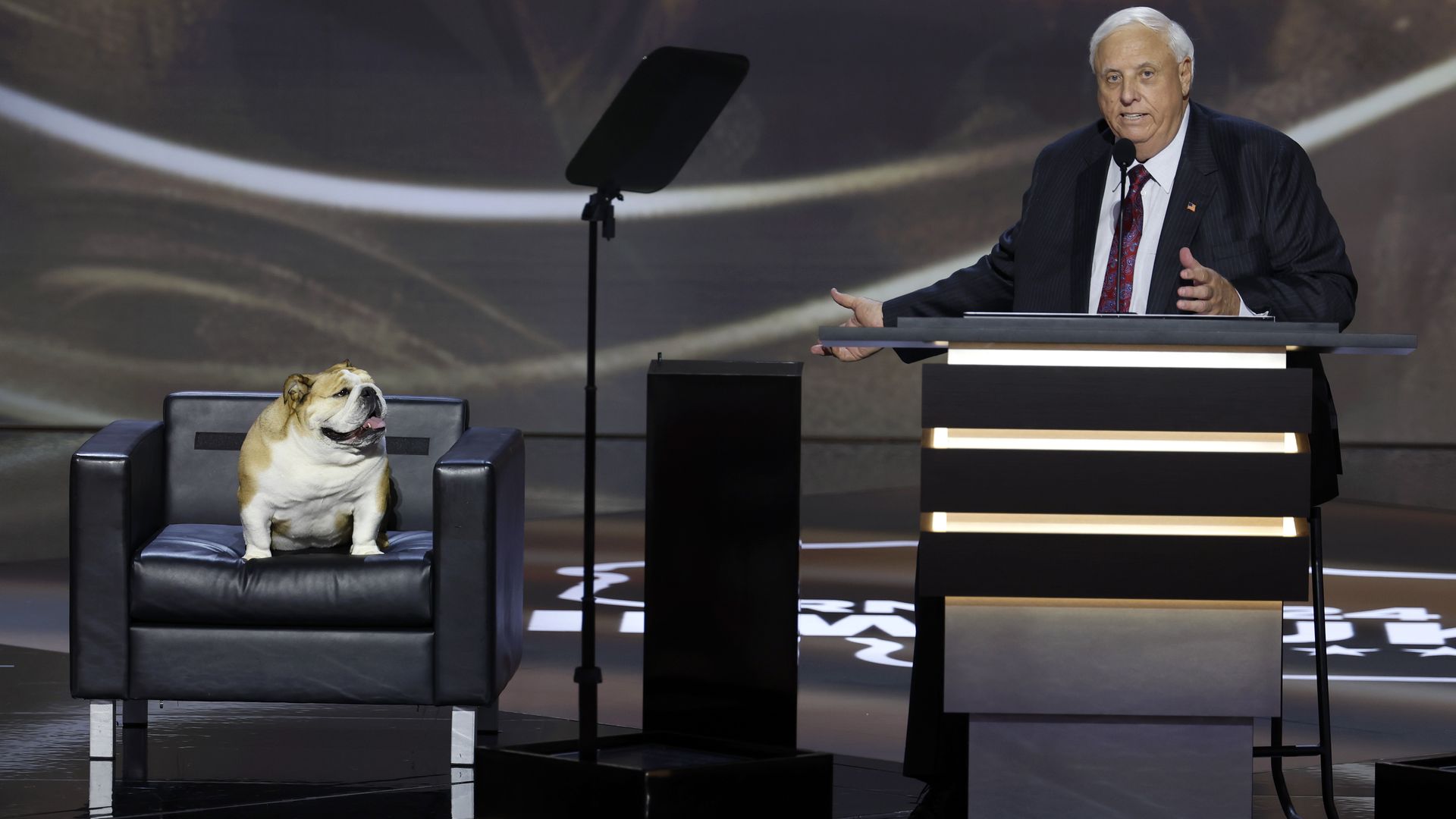 West Virginia Gov. Jim Justice with his dog, Babydog, at the Republican National Convention in July in Milwaukee. Photo: Chip Somodevilla/Getty Images