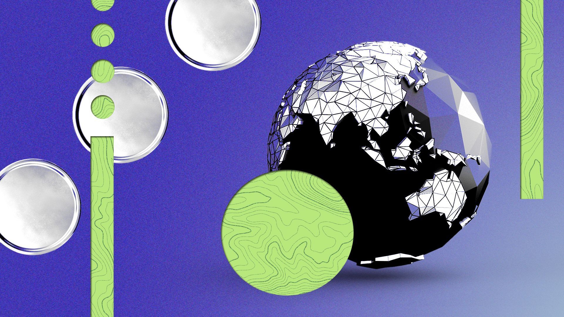 Illustration of a polygon Earth shape surrounded by coin shapes and abstract topology. 