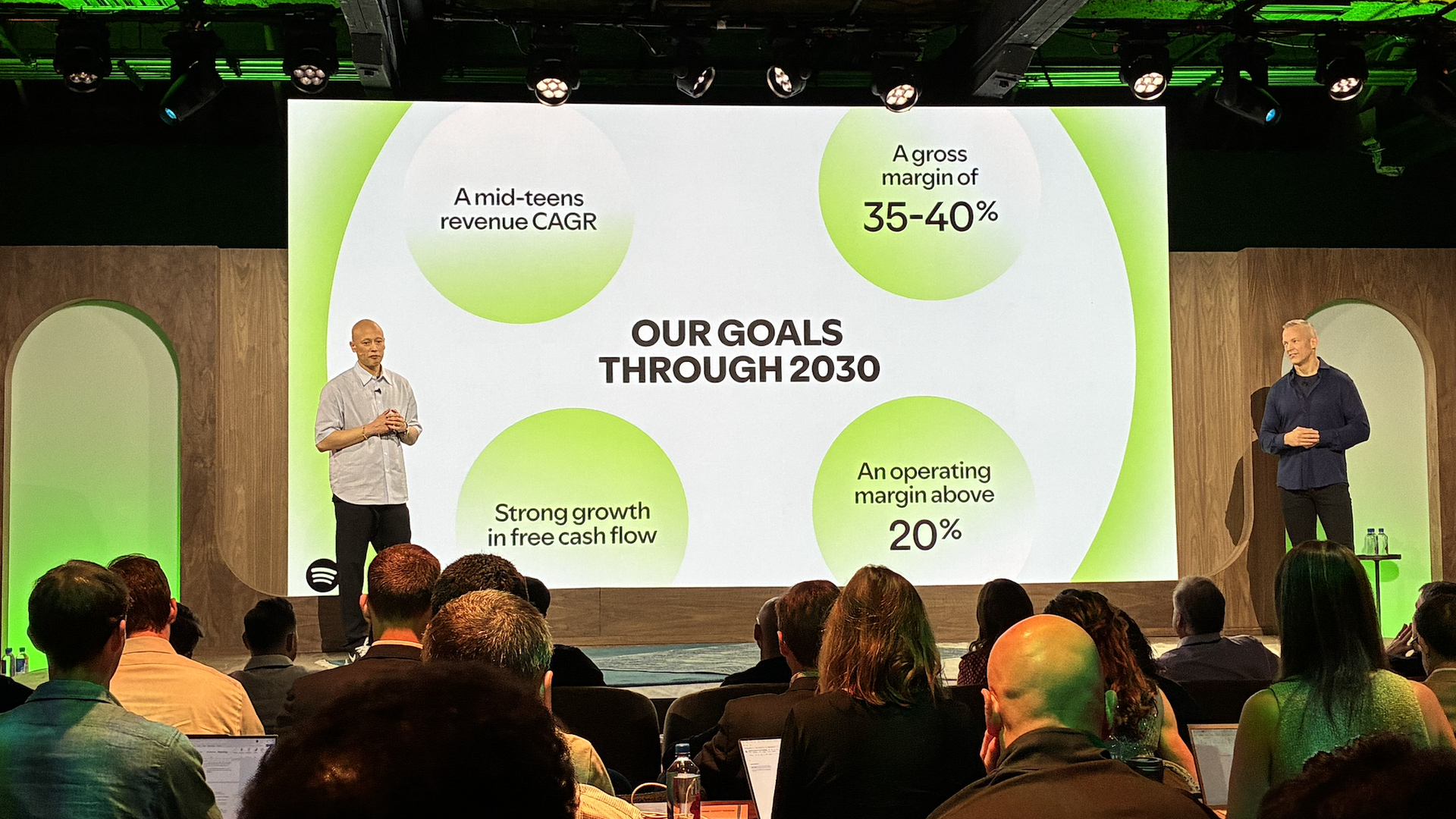 Two presenters on a stage presenting a large slide with green circular graphics; slide reads "OUR GOALS THROUGH 2030" and mentions "A mid-teens revenue CAGR" and "A gross margin of 35-40%".