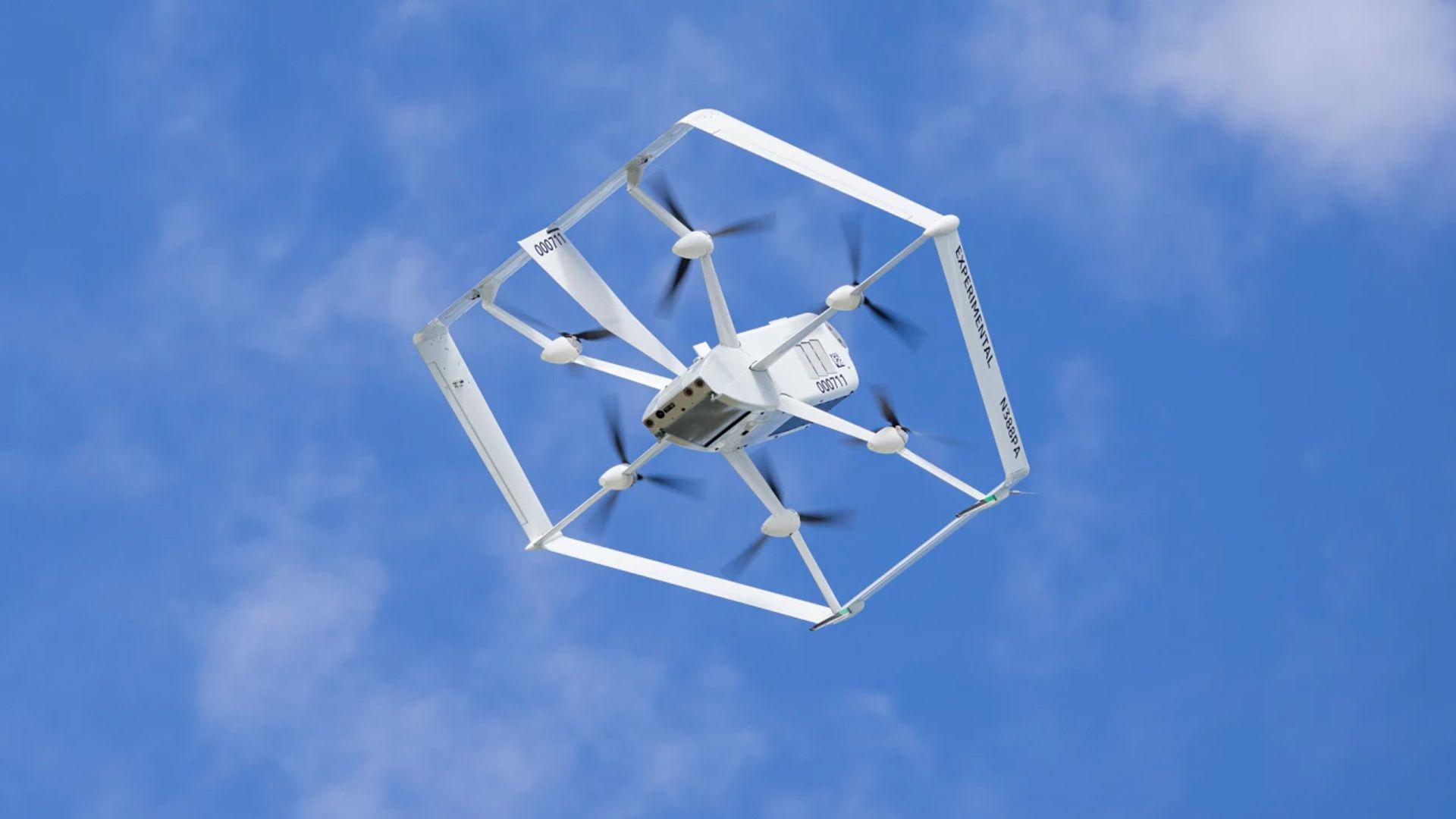 Image of Amazon Prime Air's hexagon-shaped delivery drone. 