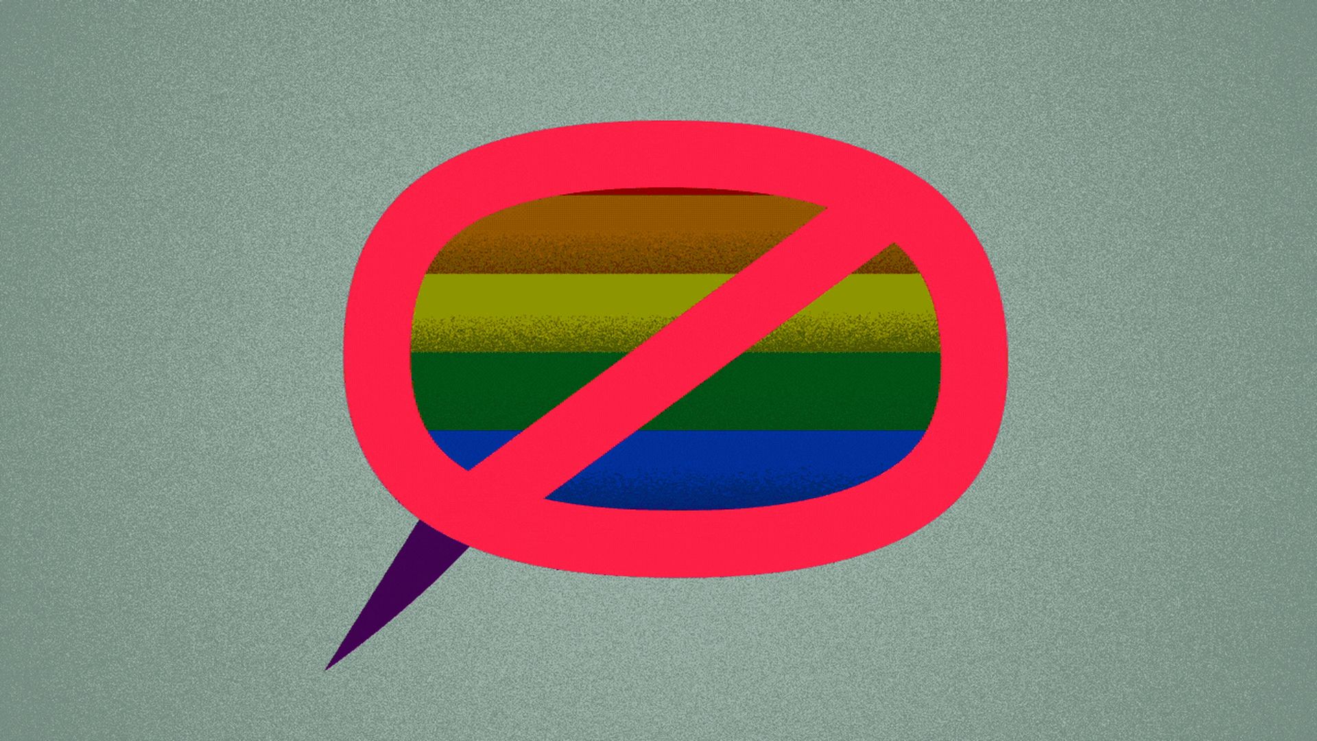 Illustration of a word balloon in the colors of the Pride flag with a no symbol over it.