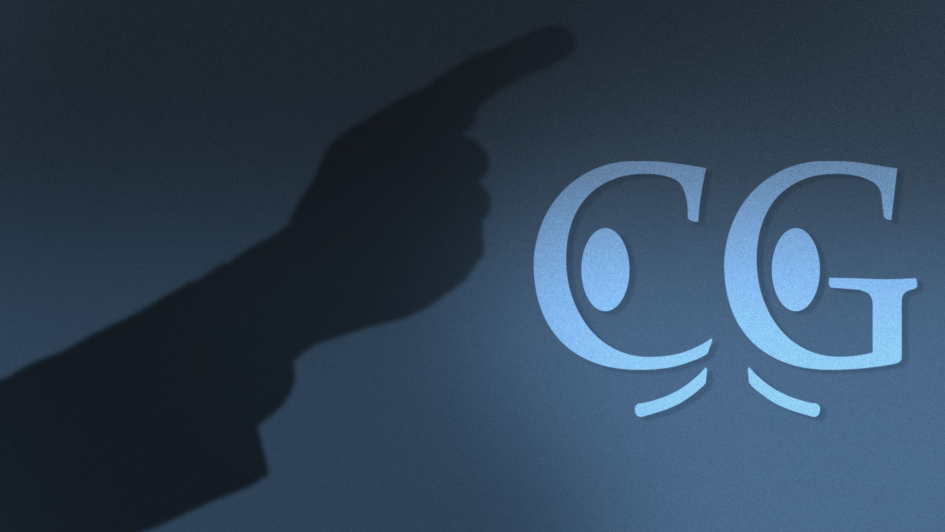 Illustration of the Carlyle Group's logo looking like a pair of worried eyes next to the shadow of a hand pointing
